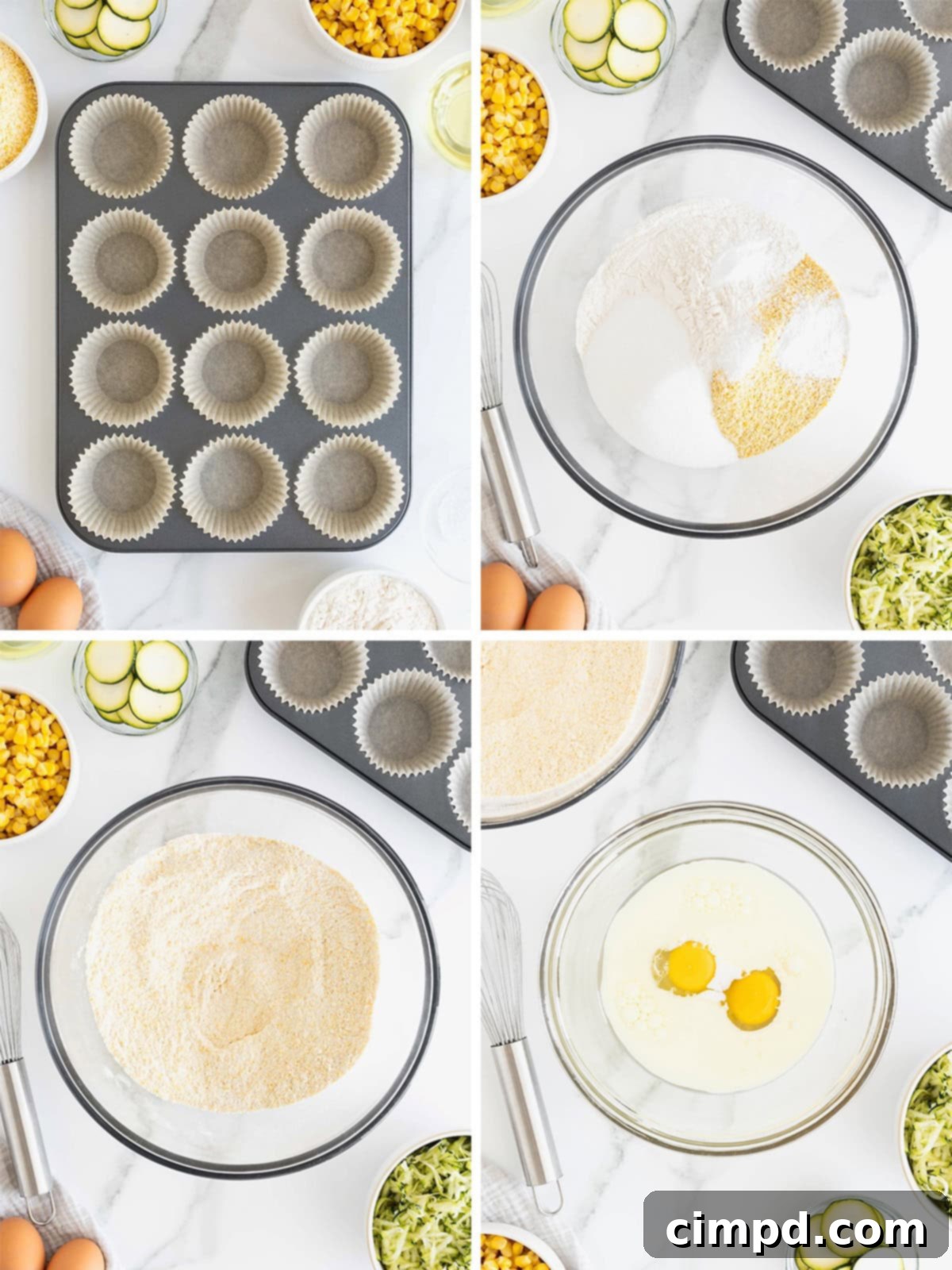 Golden Zucchini Corn Muffins 7 A visual guide showing the initial steps to make zucchini sweet corn muffins, including combining dry and wet ingredients in separate bowls.