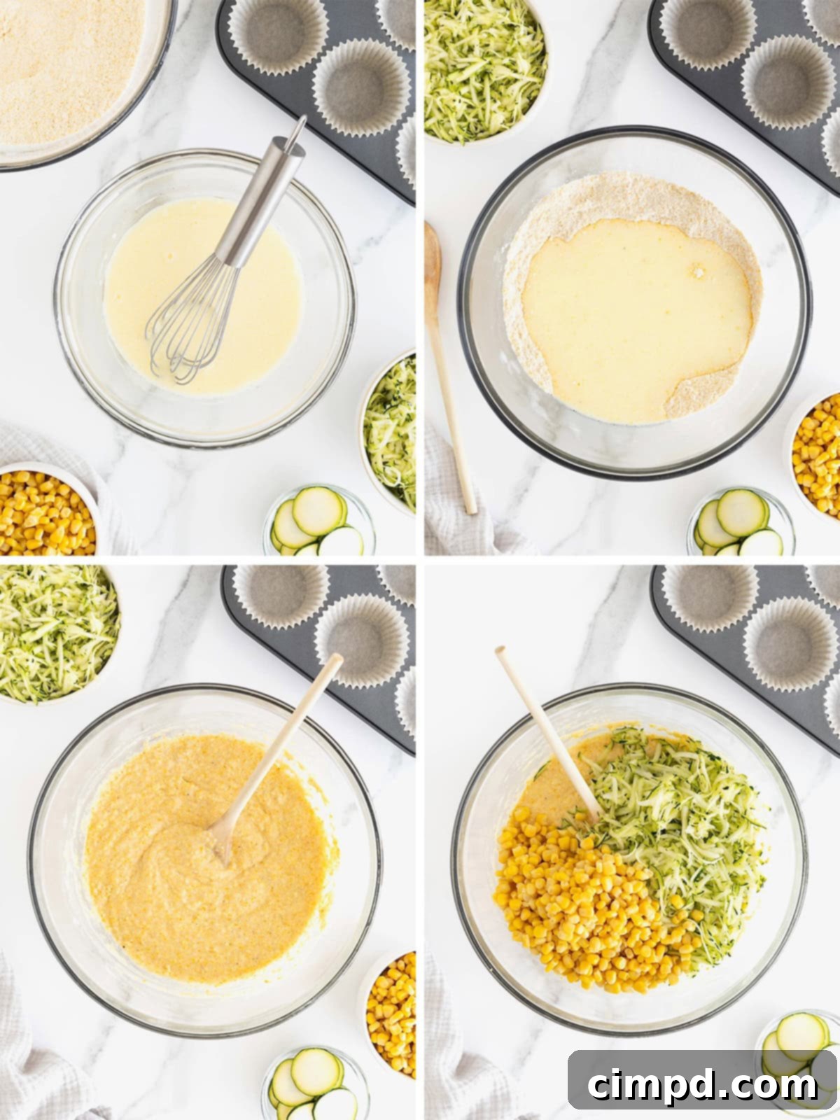 Golden Zucchini Corn Muffins 8 A two-part image illustrating the next steps in making zucchini sweet corn muffins: gently stirring wet ingredients into dry, followed by folding in the fresh corn and shredded zucchini.