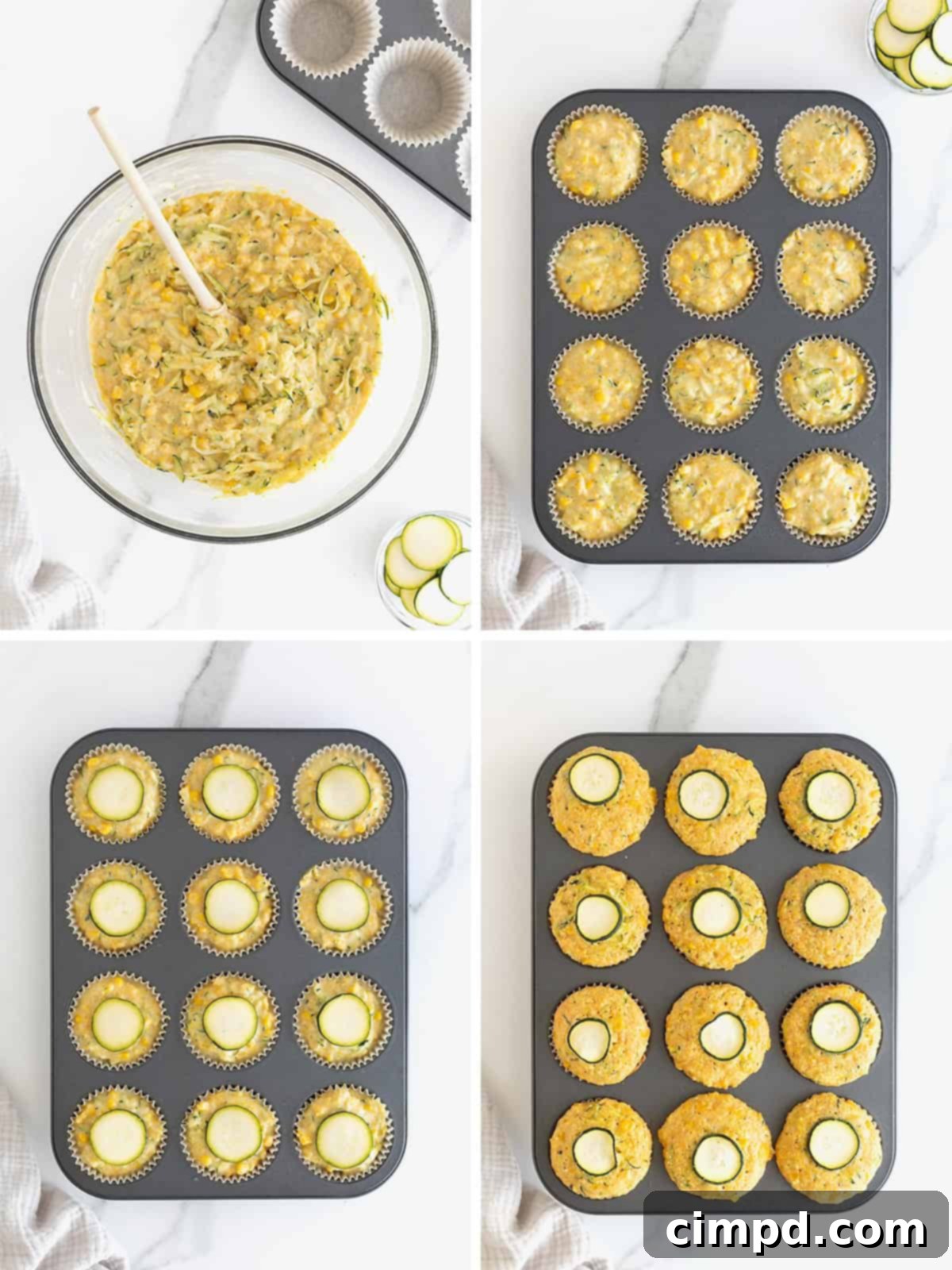 Golden Zucchini Corn Muffins 9 A visual sequence demonstrating the final stages of baking zucchini sweet corn muffins: dividing batter into liners, garnishing with zucchini, and the baked muffins cooling in the pan.
