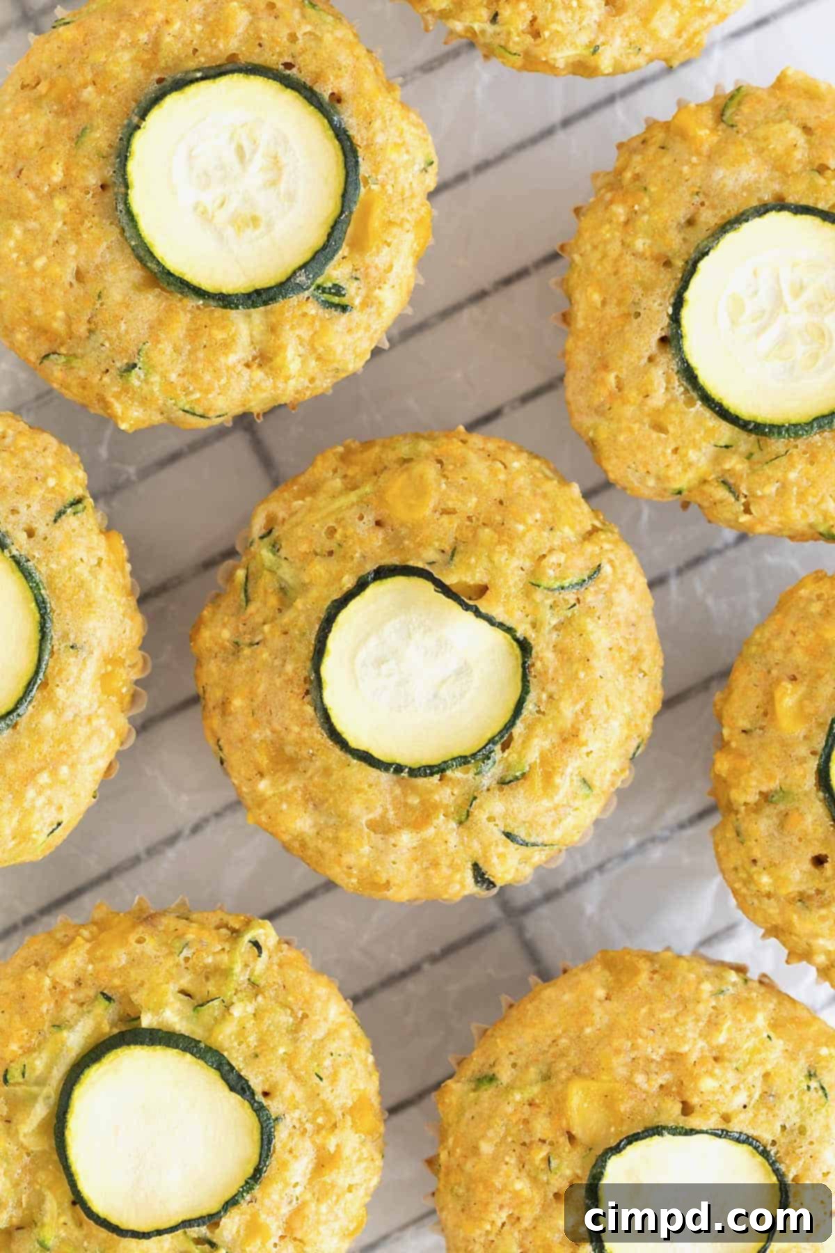 Golden Zucchini Corn Muffins 10 A close-up view of golden-brown zucchini sweet corn muffins, each garnished with a thin zucchini slice, cooling on a wire rack.