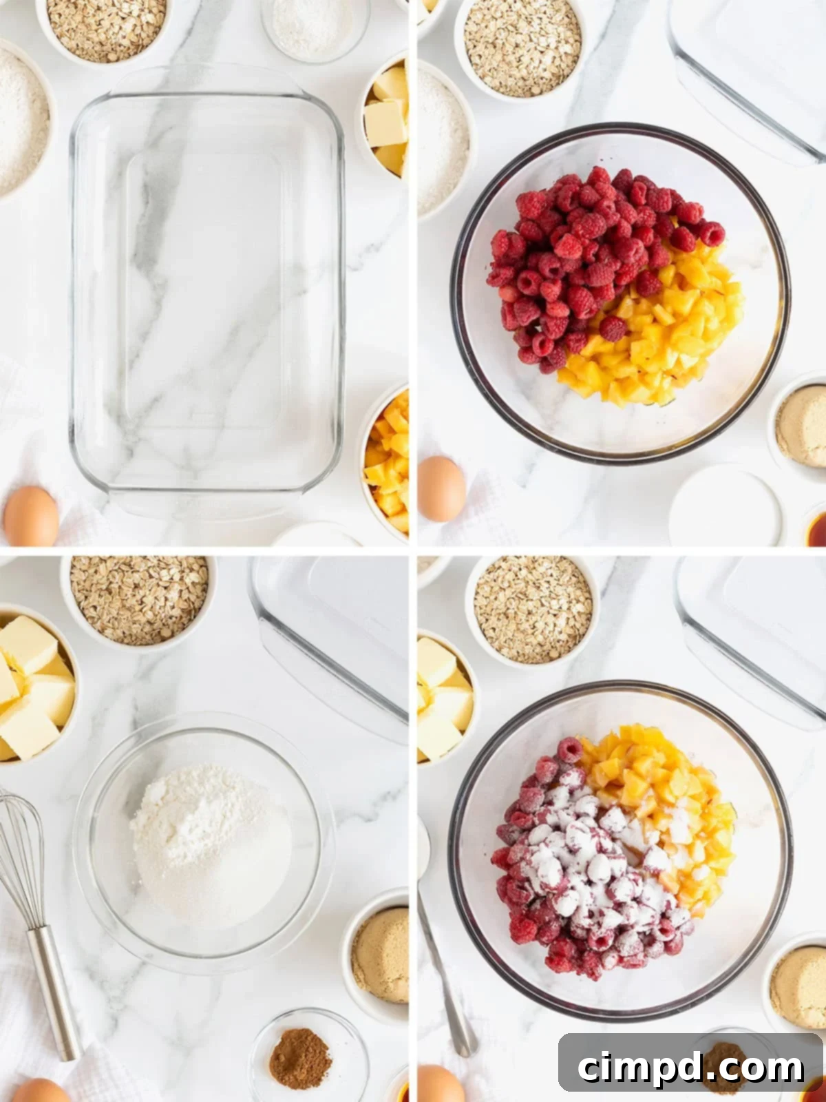 Golden Peach Raspberry Crumble Squares 7 A visual collage illustrating the initial steps to make Peach Raspberry Crumb Bars, including combining fruits and preparing the sugar mixture.