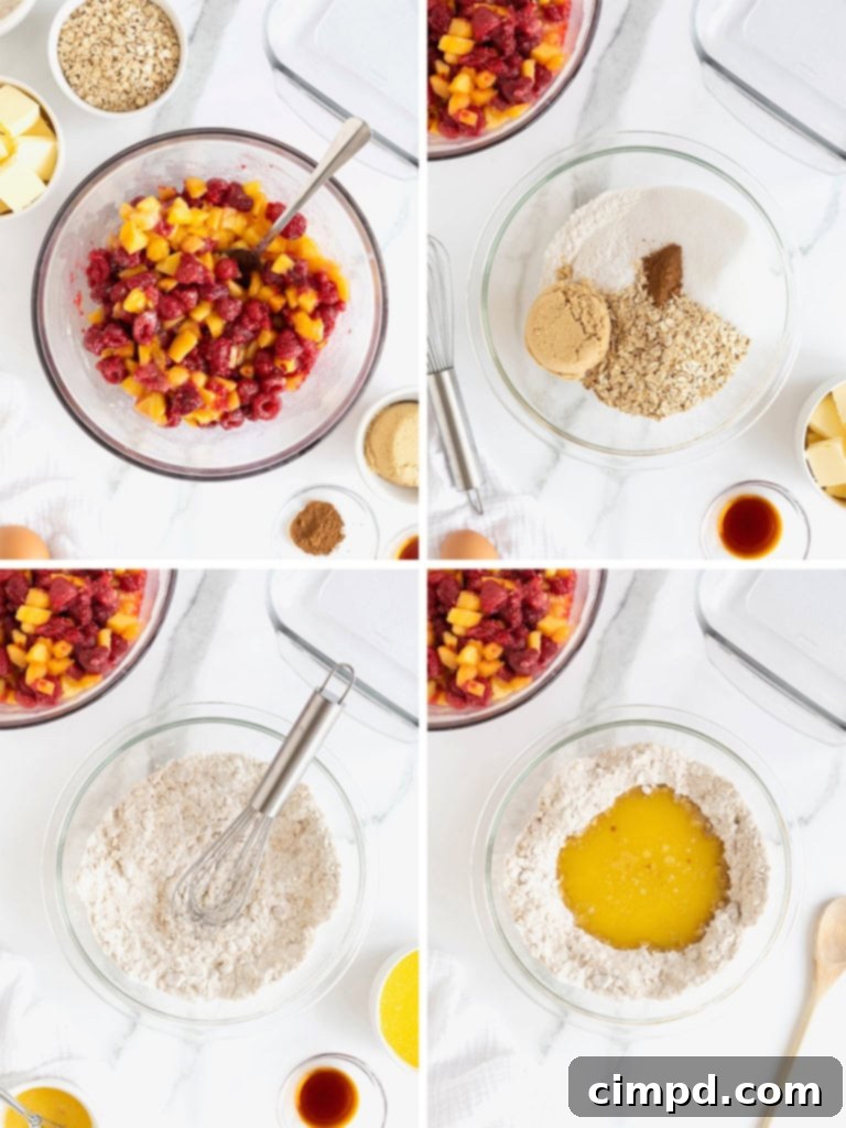 Rustic Peach Raspberry Crumbles 8 Steps to make Peach Raspberry Crumb Bars.