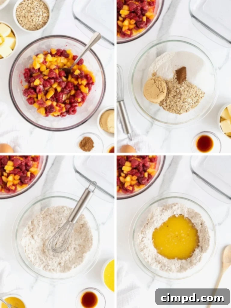 Golden Peach Raspberry Crumble Squares 8 Another visual collage showing steps to make Peach Raspberry Crumb Bars, focusing on combining the dry and wet ingredients for the crust.
