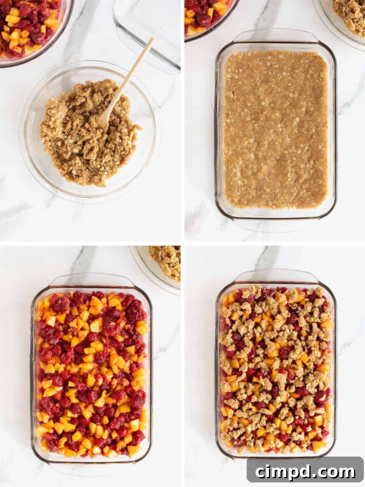 Golden Peach Raspberry Crumble Squares 9 A final visual collage demonstrating the assembly process of Peach Raspberry Crumb Bars, from pressing the crust to crumbling the topping.