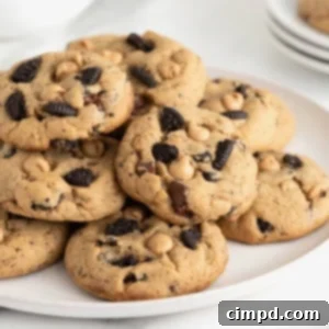 A white platter piled with peanut butter Oreo cookies.