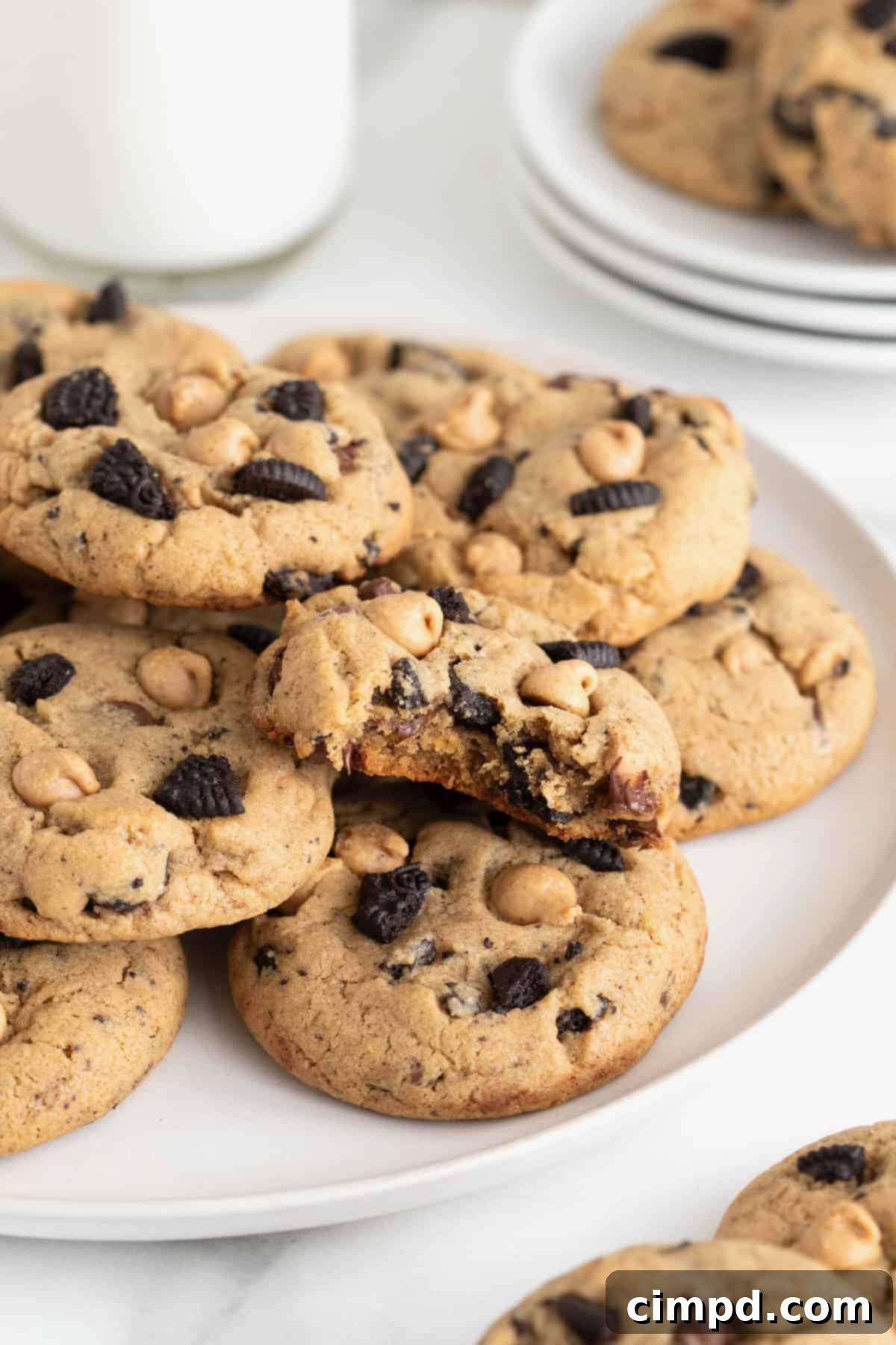 A white platter piled with peanut butter Oreo cookies, ready to be enjoyed.