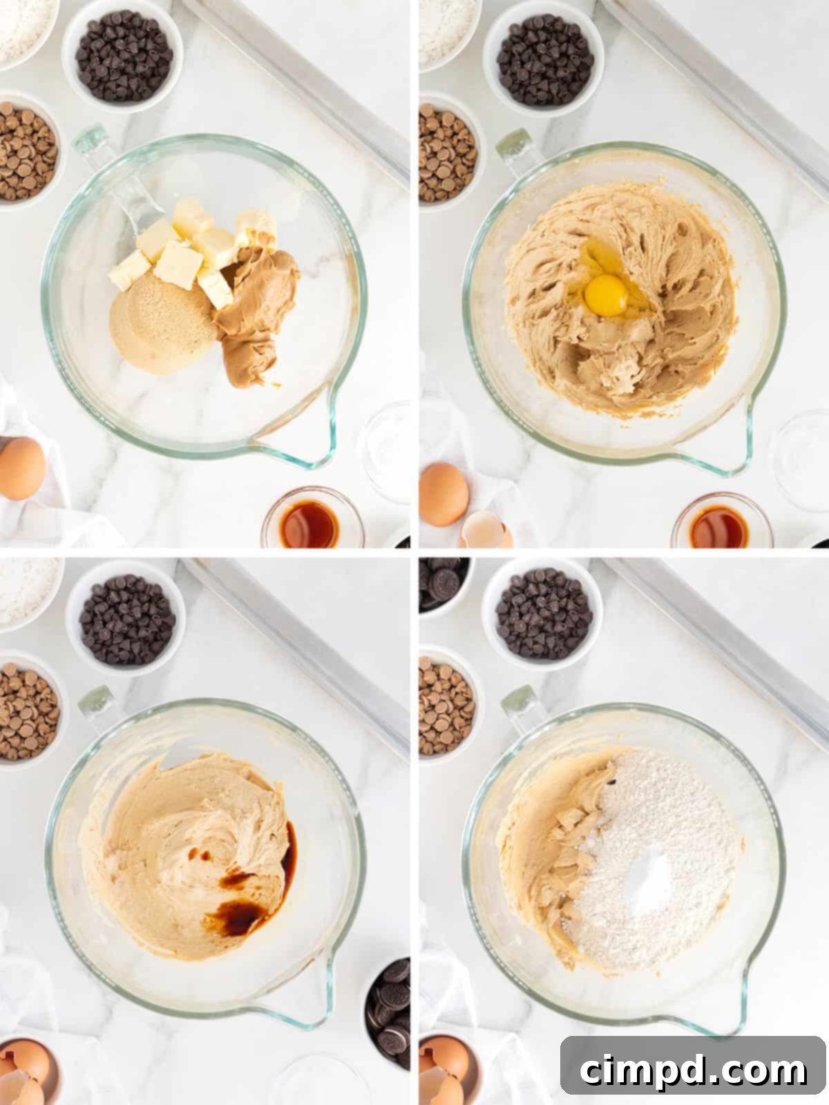 Steps to make peanut butter Oreo cookie dough, showing the mixing process.