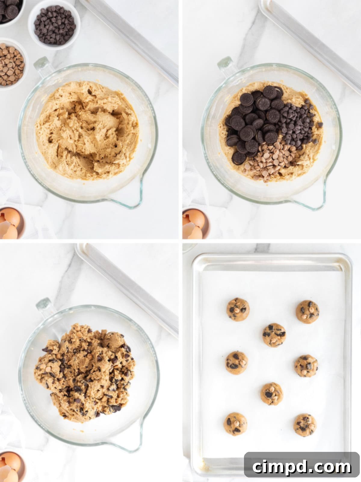 Steps to make peanut butter Oreo cookies, showing dough balls on a baking sheet.