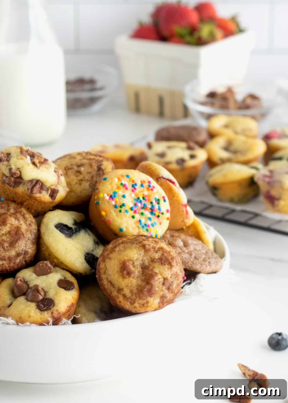 An array of mini muffins, half-eaten, showing their various delicious fillings like blueberries, chocolate chips, and sprinkles, beautifully arranged on a wooden board.