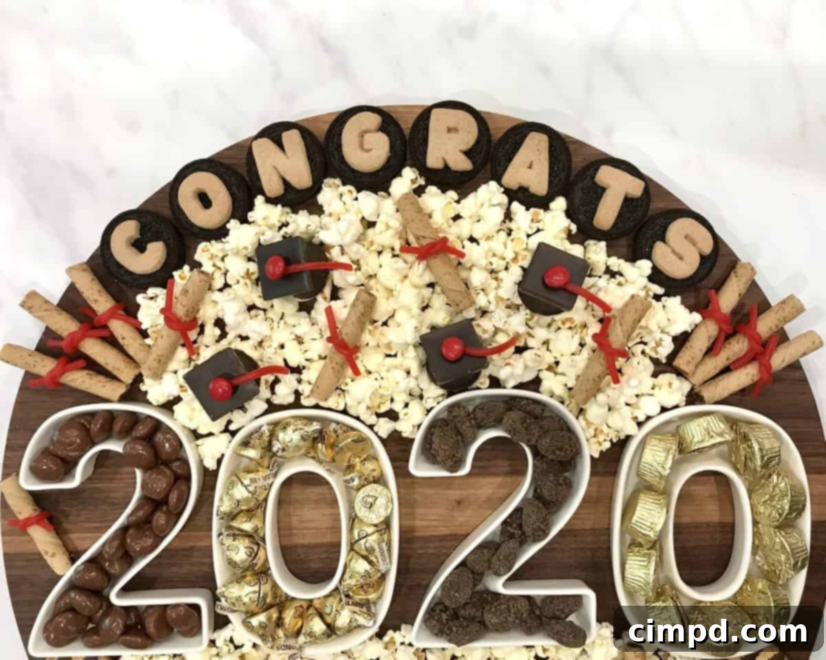 Close-up of a Graduation Snack Board showing themed cookies, candies, and a variety of sweet treats.