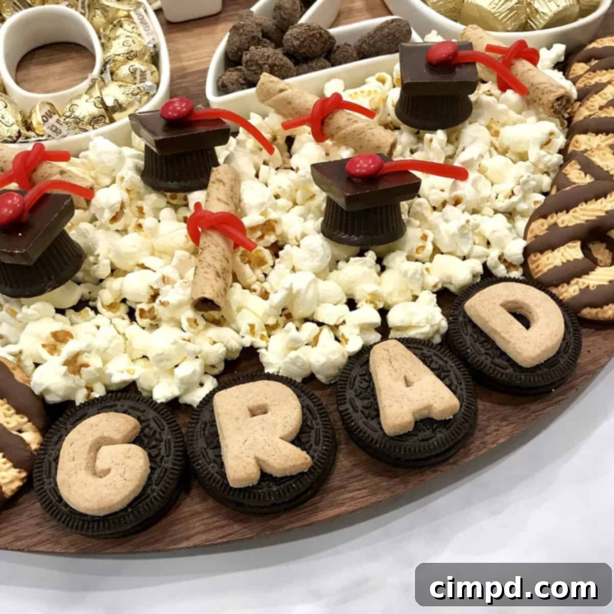Overhead view of the Graduation Snack Board highlighting the 'CONGRATS' and 'GRAD' letter cookies.