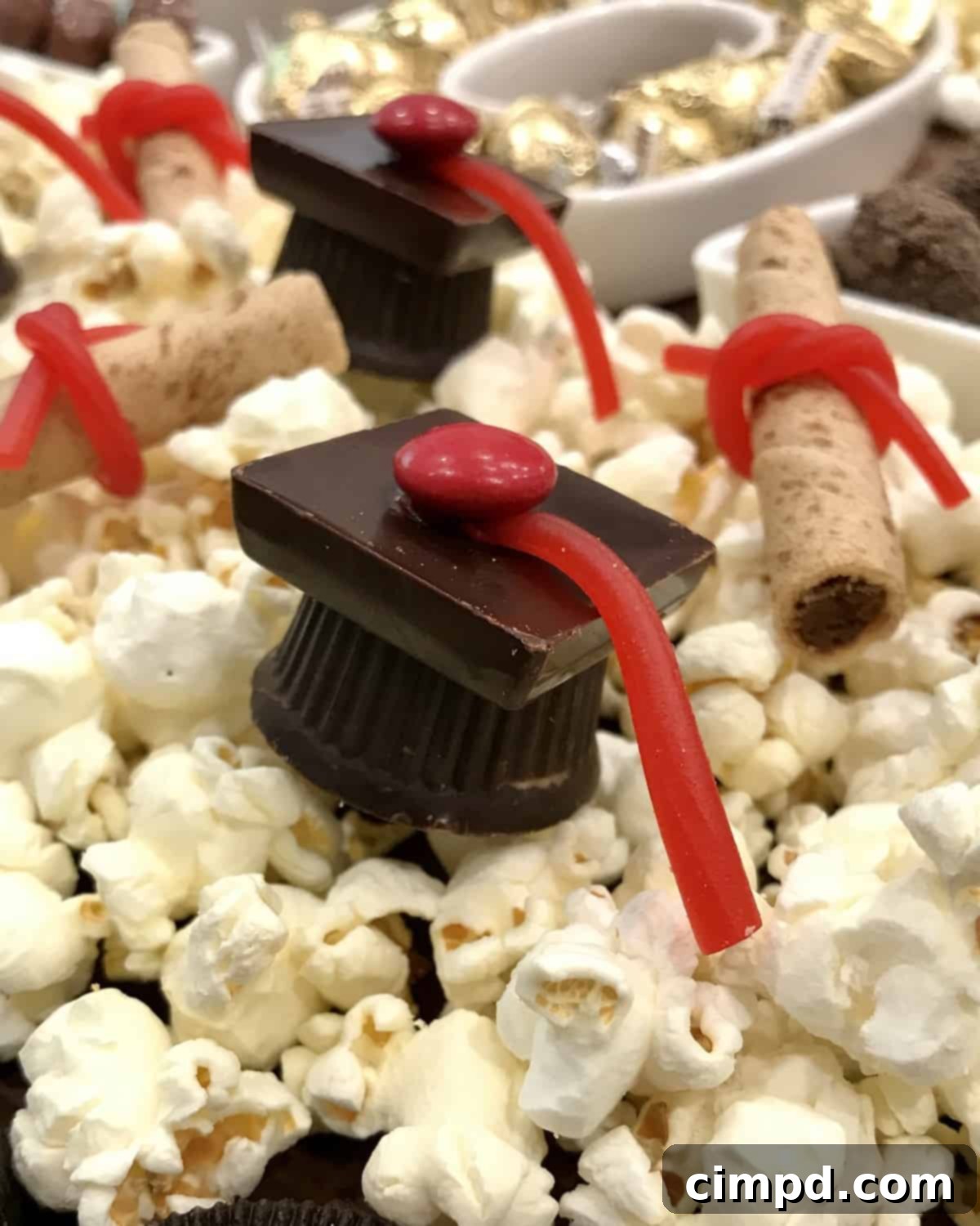 Detailed shot of DIY Graduation Cap Candies made with peanut butter cups and chocolate bars.