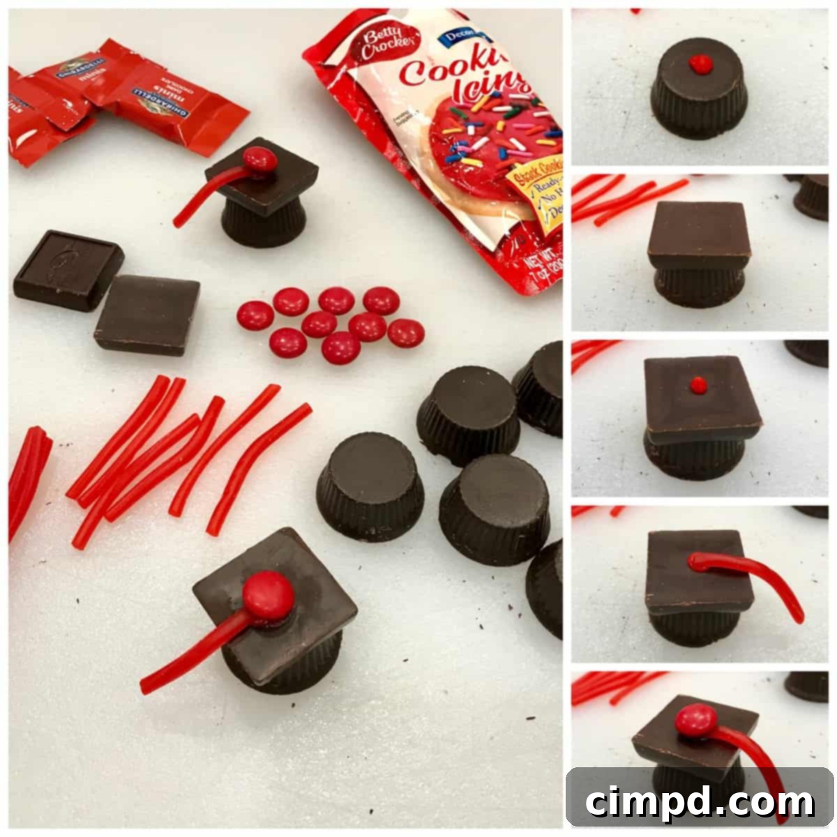 Step-by-step image of how to assemble Graduation Hat Candies.