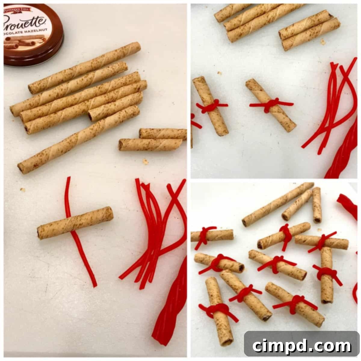 Detailed shot of DIY Diploma Cookies made with pirouettes and Twizzlers.