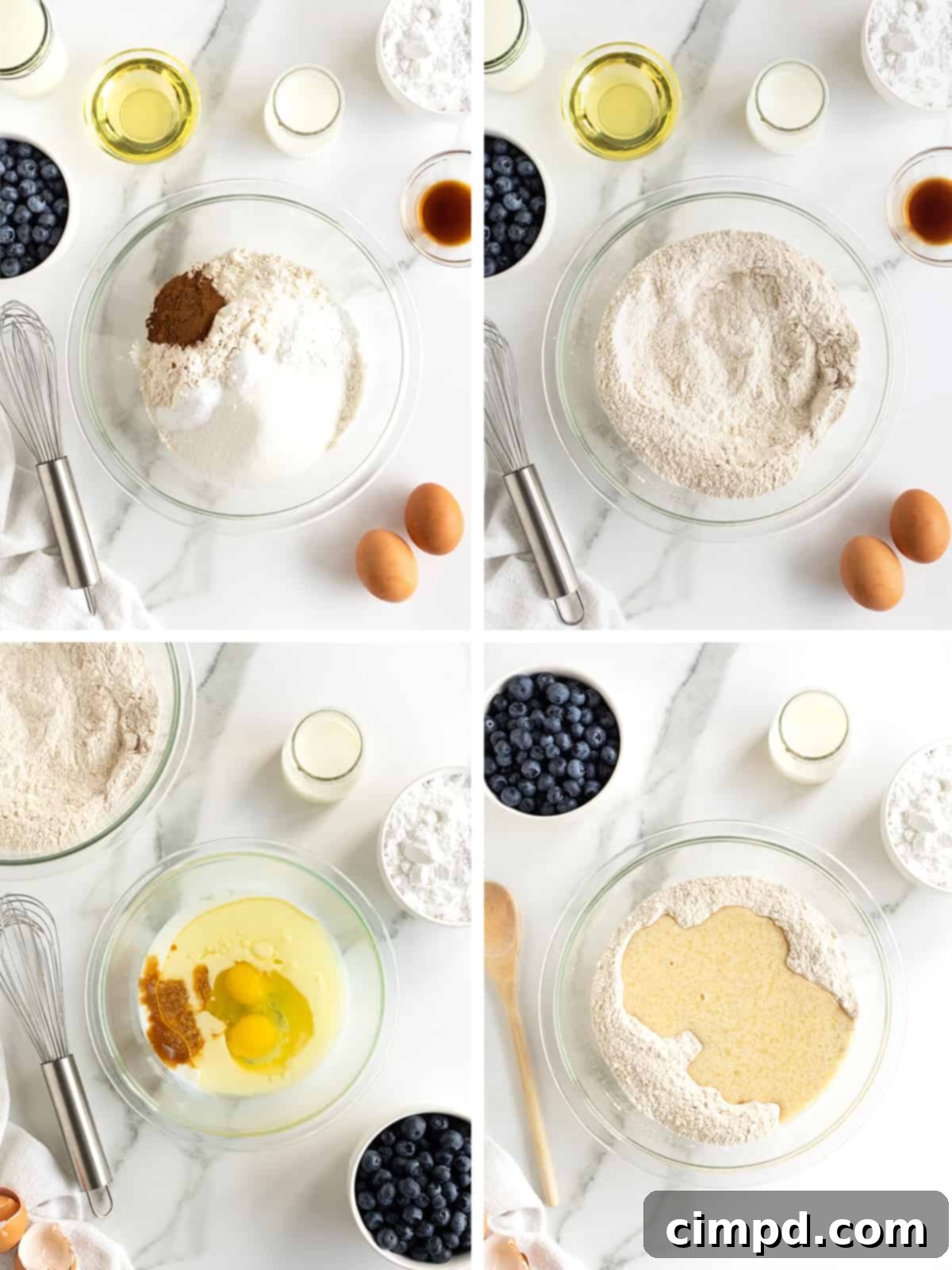 A visual guide showing the initial steps to make Blueberry Cake Waffles, from combining dry ingredients to mixing wet ingredients into the batter.