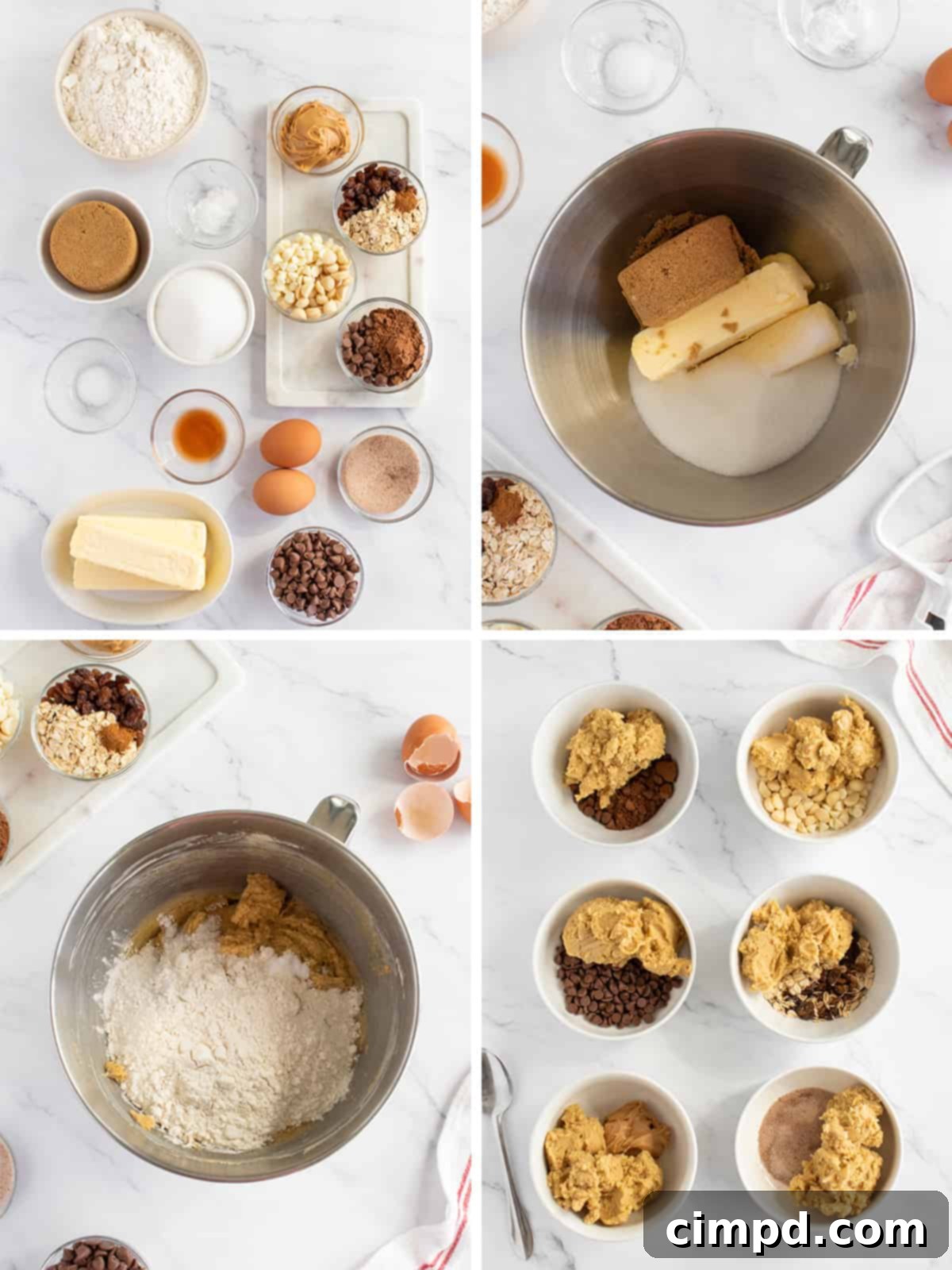 Detailed shot of the six cookie dough portions being mixed with their respective flavorings in separate small bowls, showcasing the preparation process.