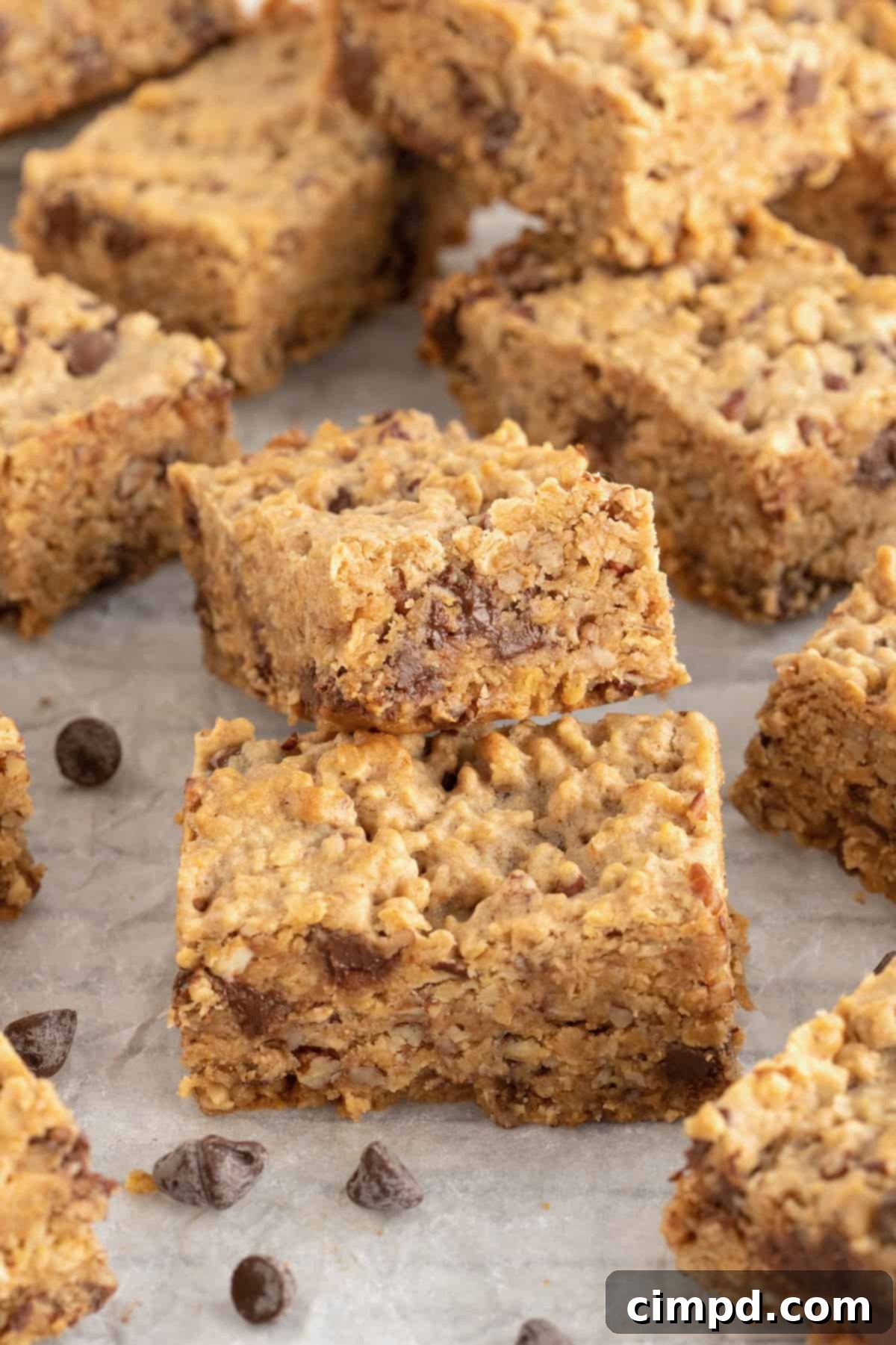 Homemade Chocolate Chip Granola Bars 3 Individual granola bars on a parchment lined metal cooling rack with chocolate chips scattered around them.