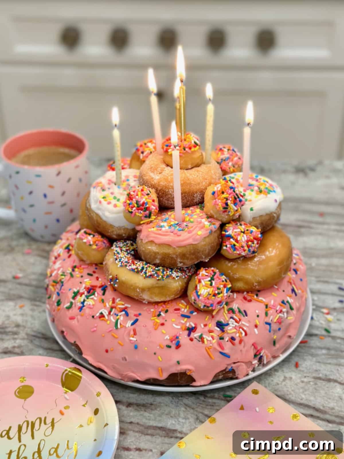 A beautifully arranged birthday cake made out of frosted donuts with six lit candles, ready for a celebration.