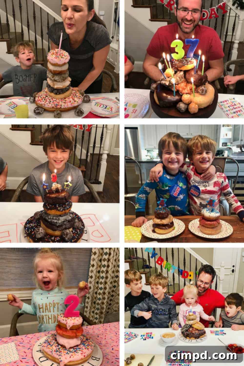 A collage featuring various personalized birthday donut cakes created by The Brown Family over the years, highlighting different themes and donut choices.