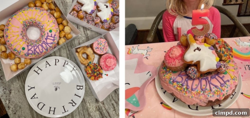 A two-panel collage illustrating the assembly of a donut cake, with a large base donut on one side and a colorful, stacked unicorn-themed donut cake on the other.