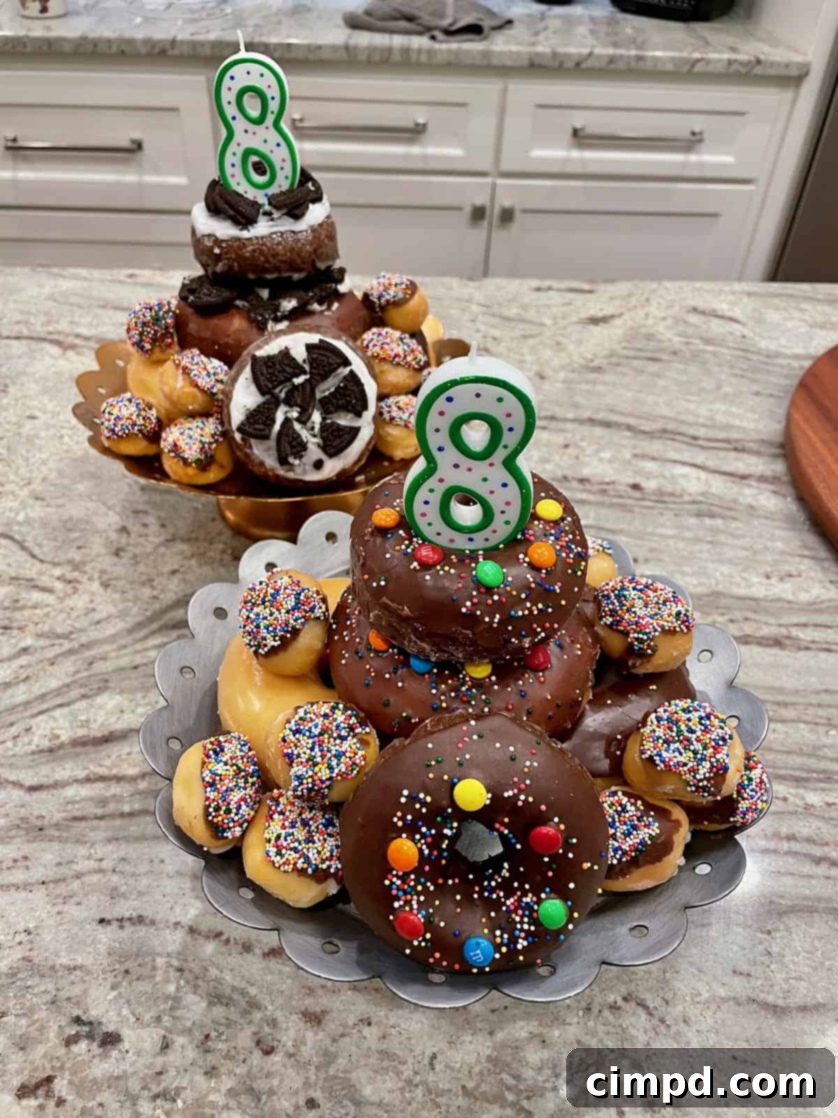 A vibrant and colorful birthday donut cake, showcasing a variety of donuts and festive decorations, with a joyful atmosphere.