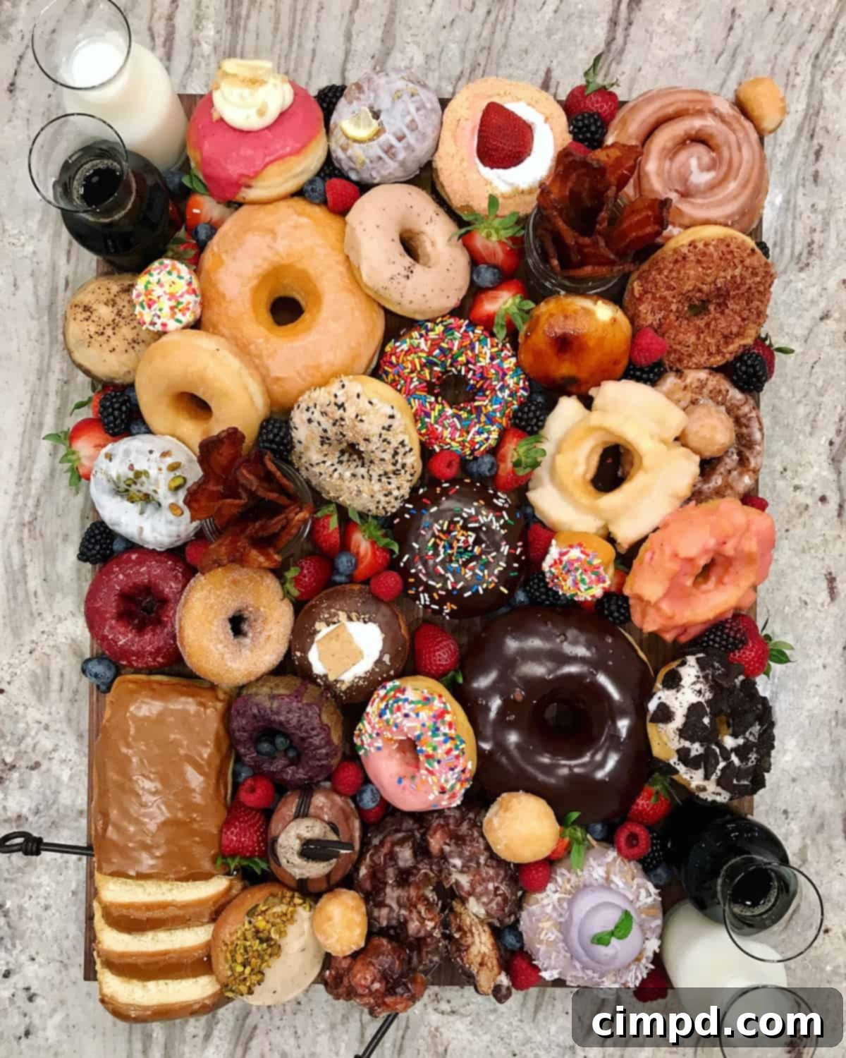 An elaborate and beautifully arranged Donut Board by The BakerMama, featuring a variety of donuts and fresh fruits for a festive spread.