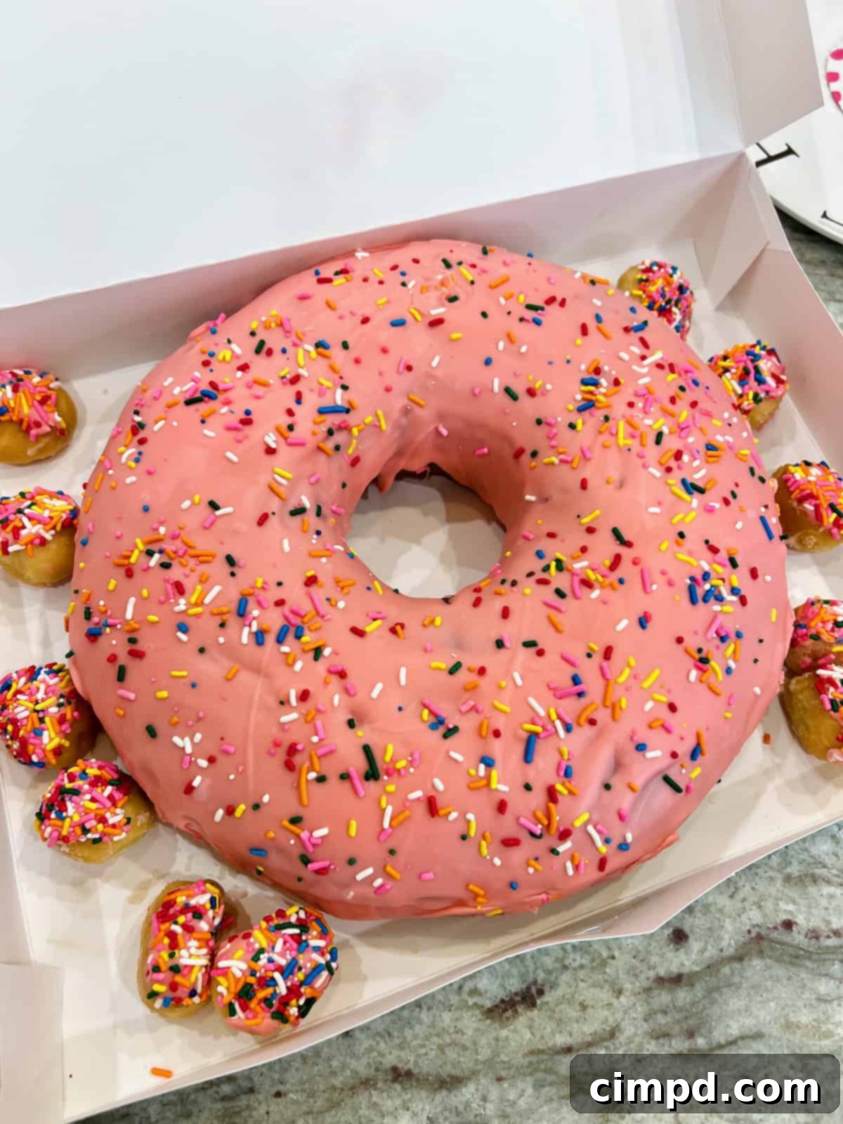 A large pink frosted donut with vibrant rainbow sprinkles nestled in a donut box, surrounded by smaller pink frosted donut holes, showcasing proper donut storage.