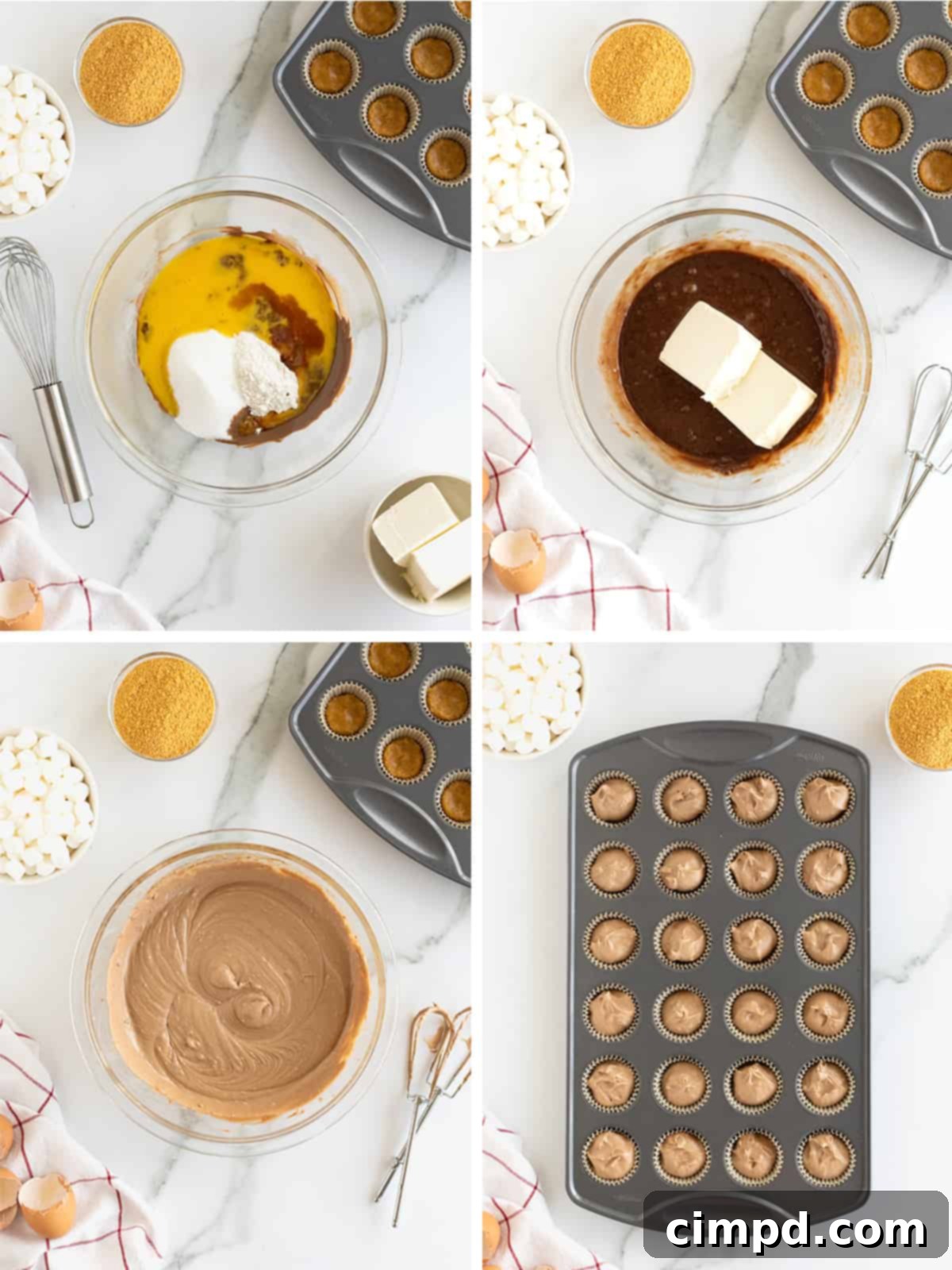 Steps to make the filling for S'mores Cheesecake bites in a mini muffin pan.