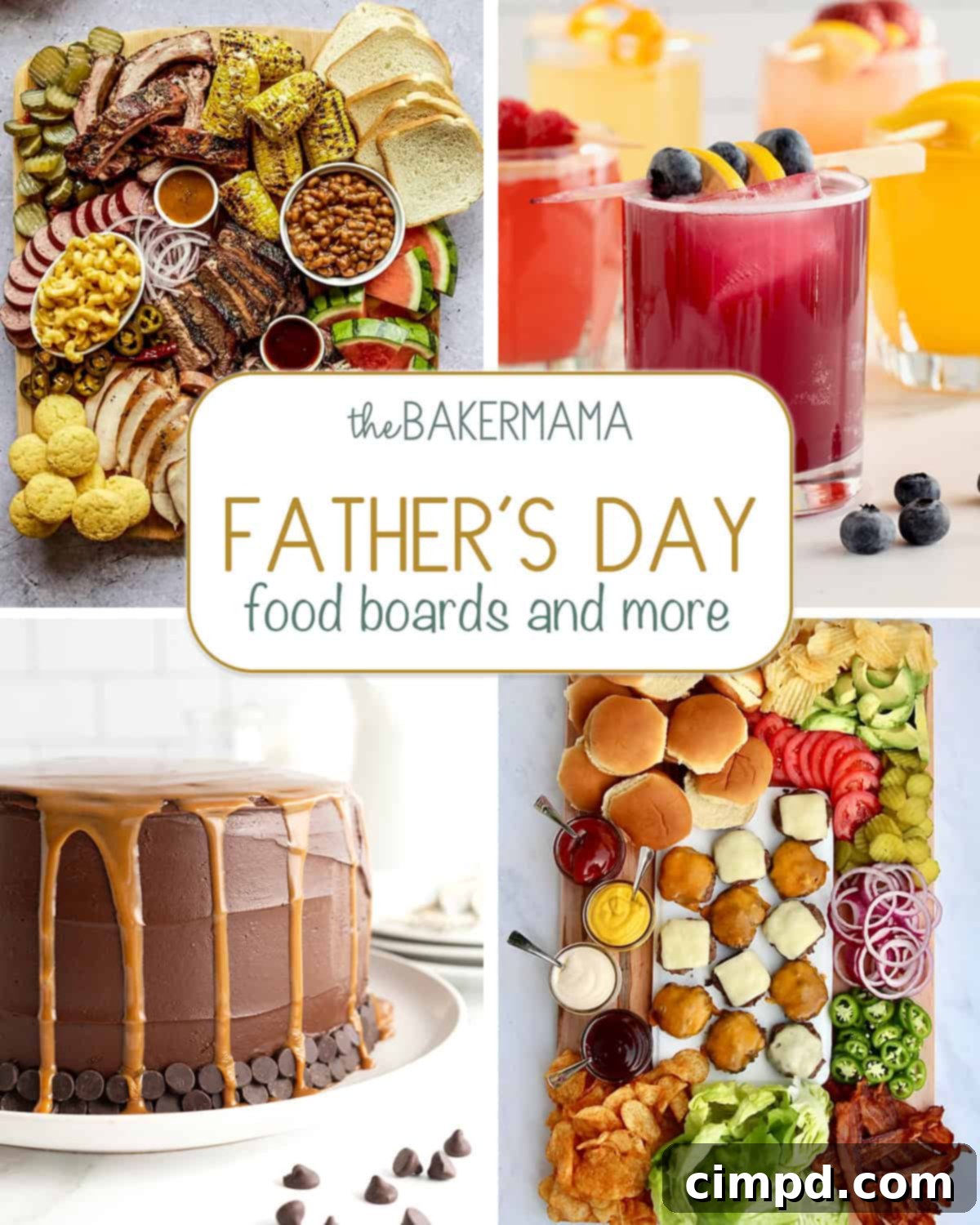 A vibrant Father's Day food spread featuring a hearty BBQ board, refreshing 4-ingredient jam cocktails, a rich fudge caramel stout cake, and a build-your-own burger board, all designed for a memorable celebration.