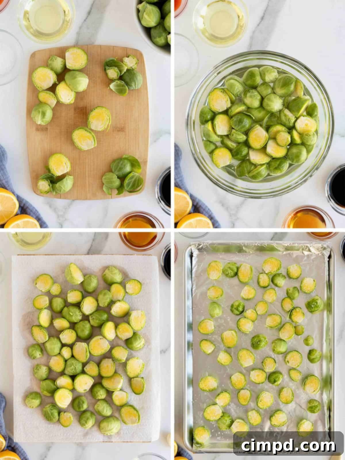 Steps to make crispy Asian Brussels sprouts, showing preparation and seasoning.