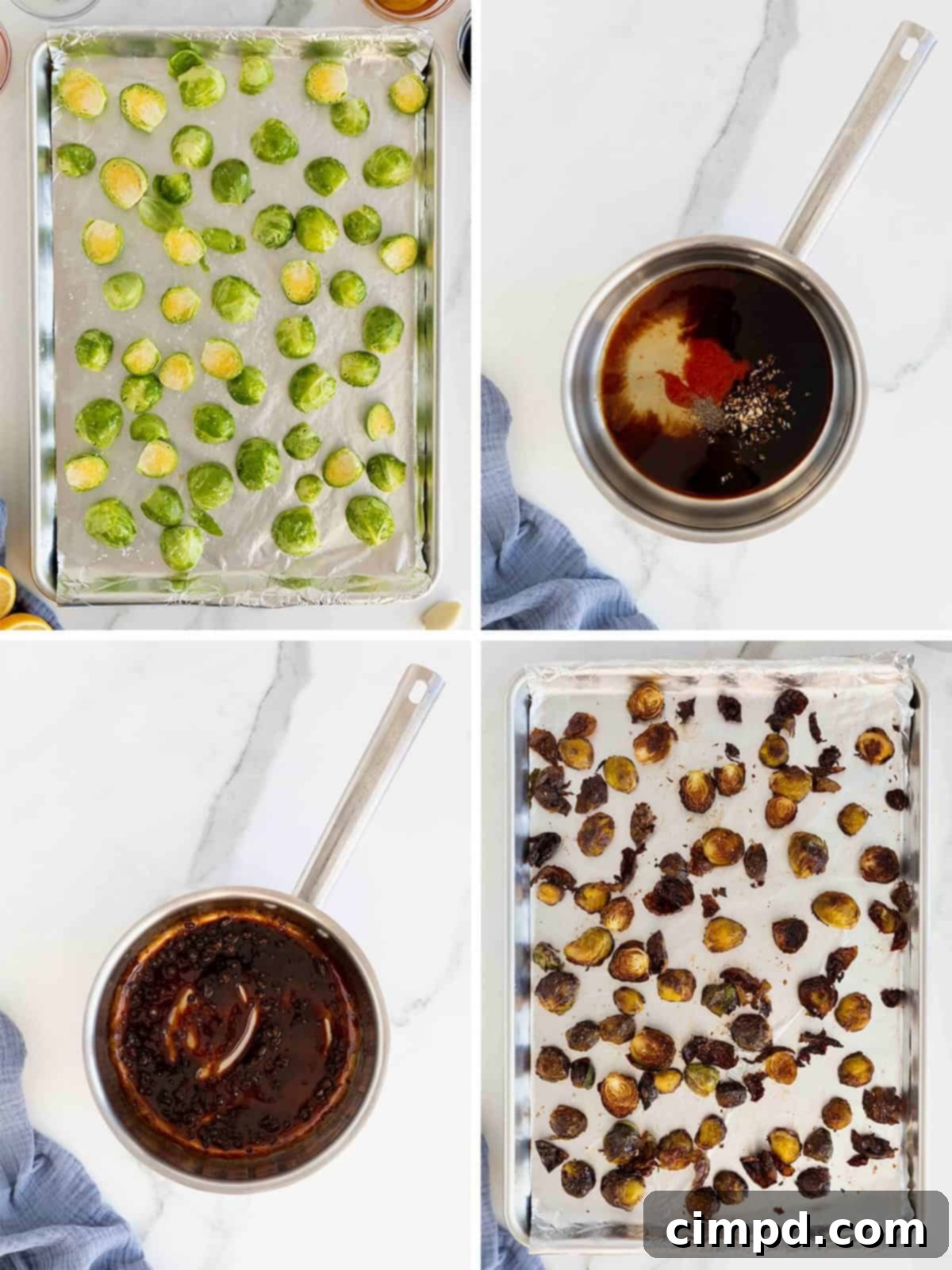 Steps to make crispy Asian Brussels sprouts, showing the sauce reduction process.