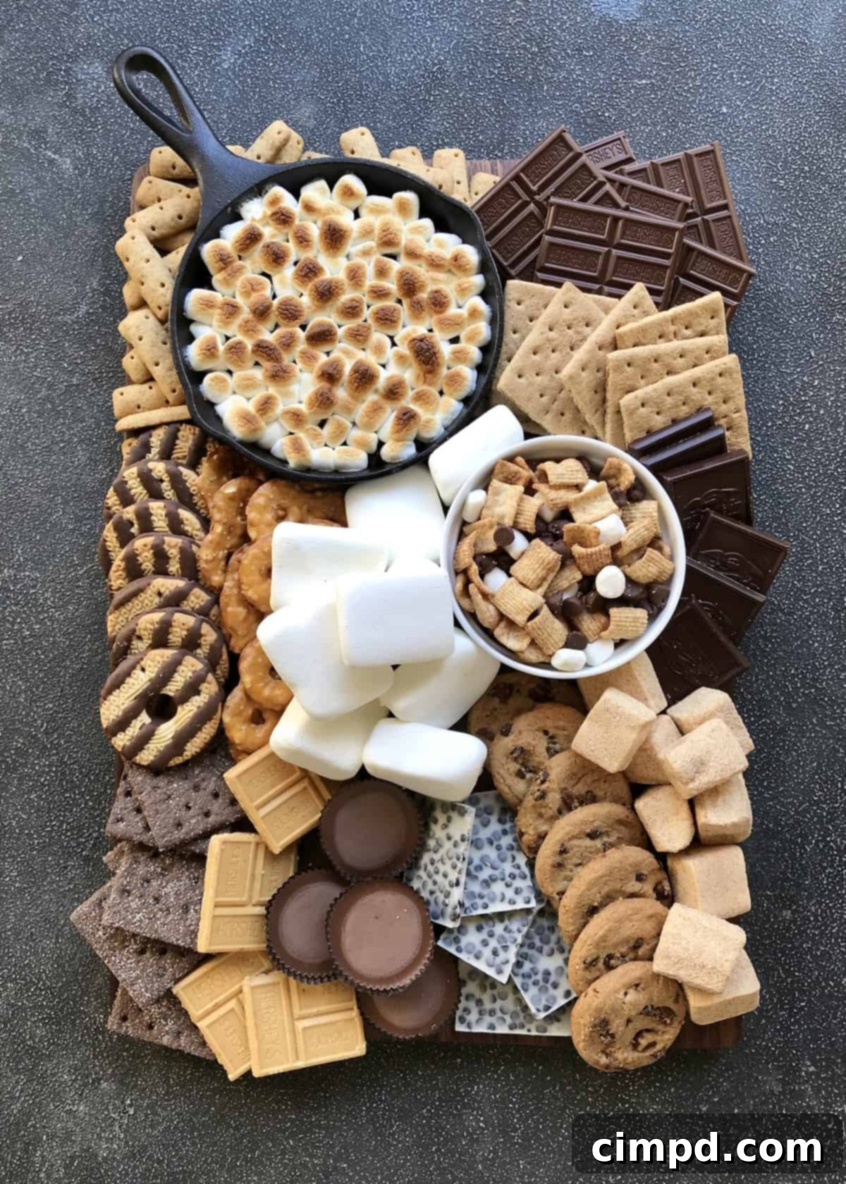 A beautifully arranged S'mores Board featuring classic and gourmet ingredients like chocolates, marshmallows, and various crackers, ready for a fun gathering.