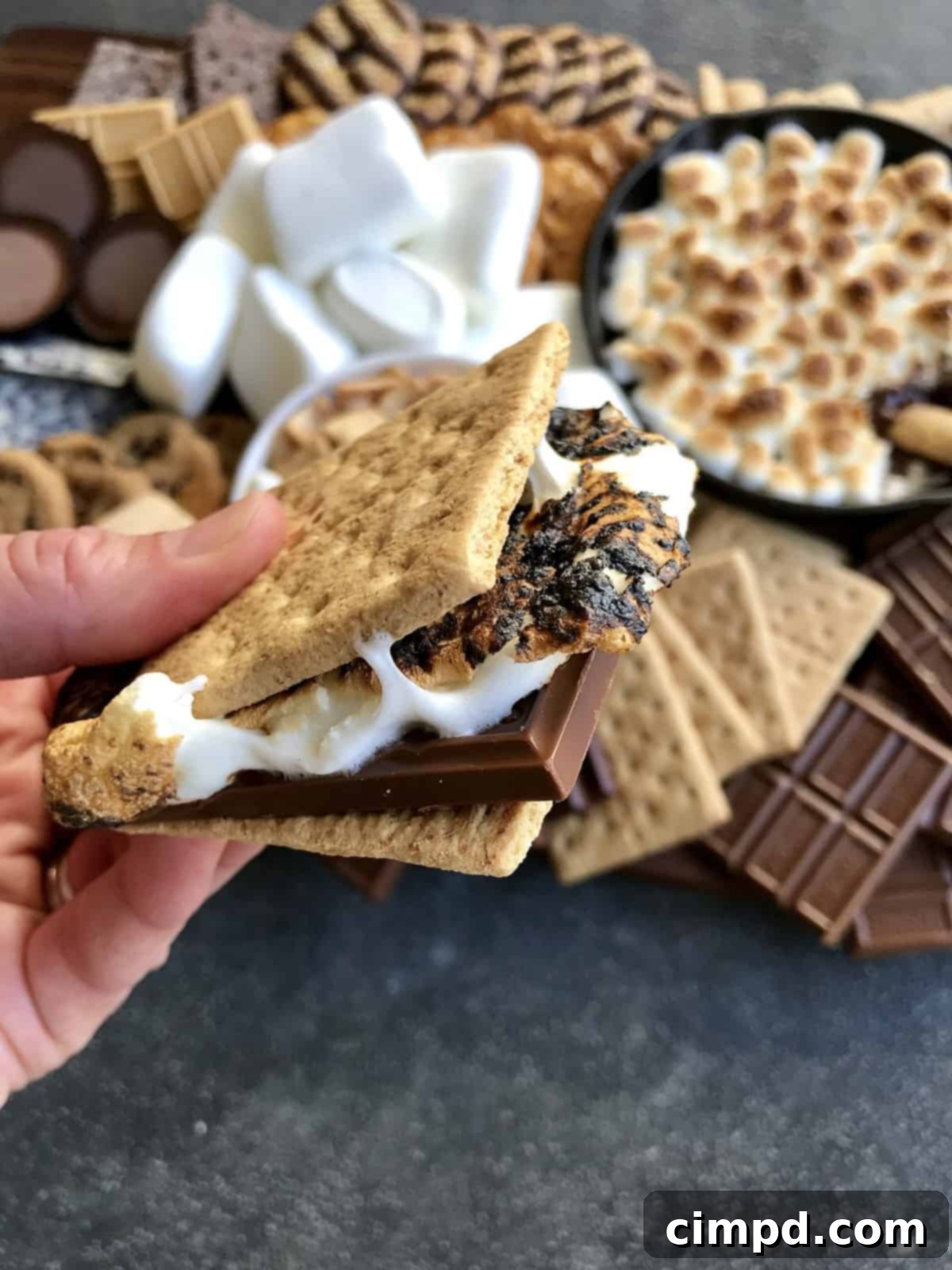 Close-up of a S'mores Board with different types of chocolate, marshmallows, and cookies, tempting guests to build their perfect s'more.