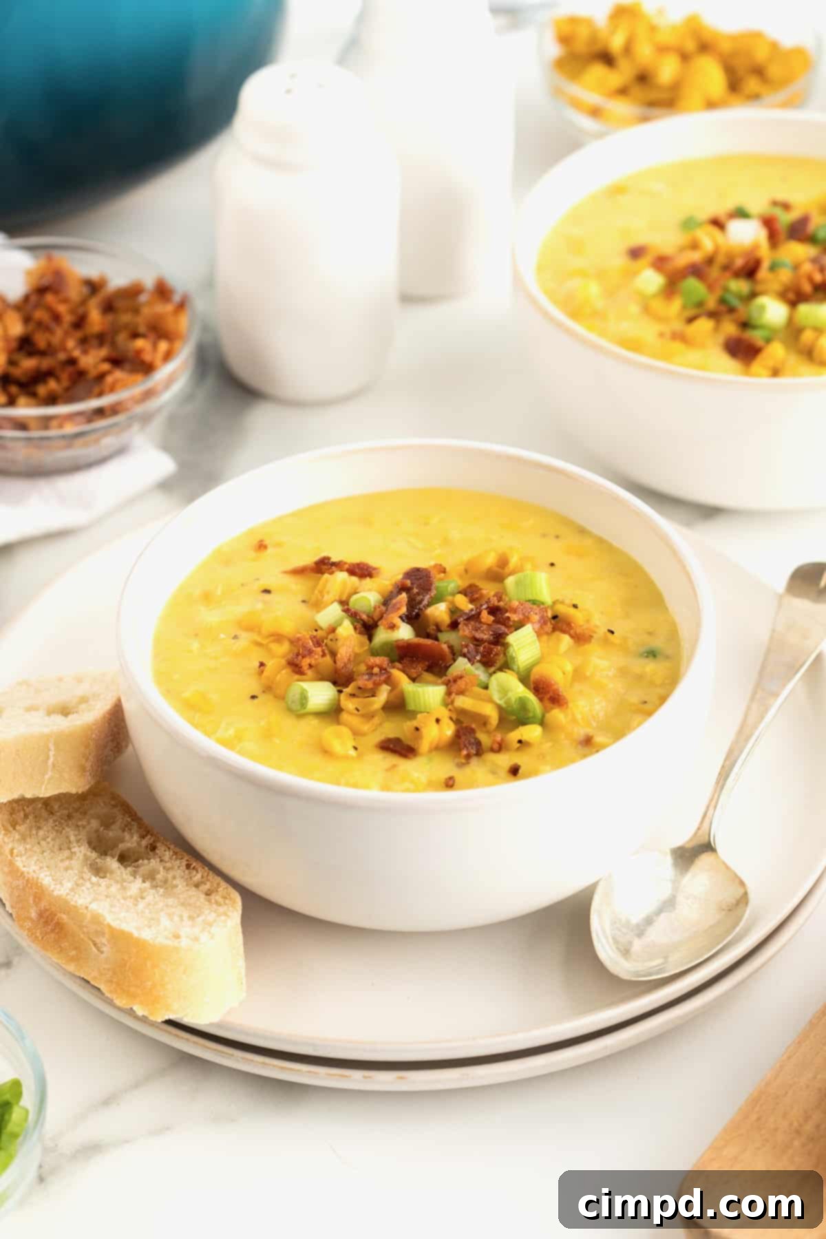 A beautifully presented white ceramic bowl of golden yellow corn chowder, garnished with fresh herbs. The bowl sits on a pristine white dinner plate, accompanied by a silver spoon and two slices of crusty French bread, ready to be enjoyed.