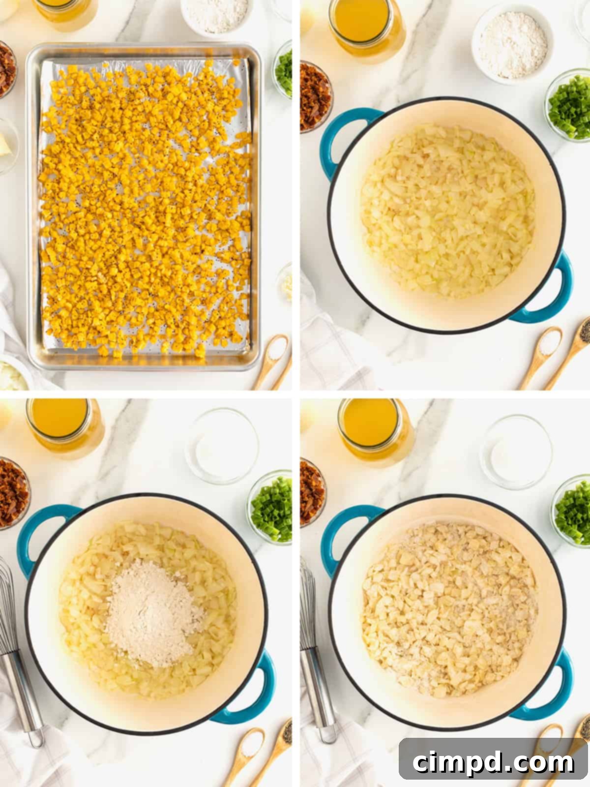 A visual guide showing the initial steps to make creamy corn chowder, including roasting corn and sautéing aromatics for the base.