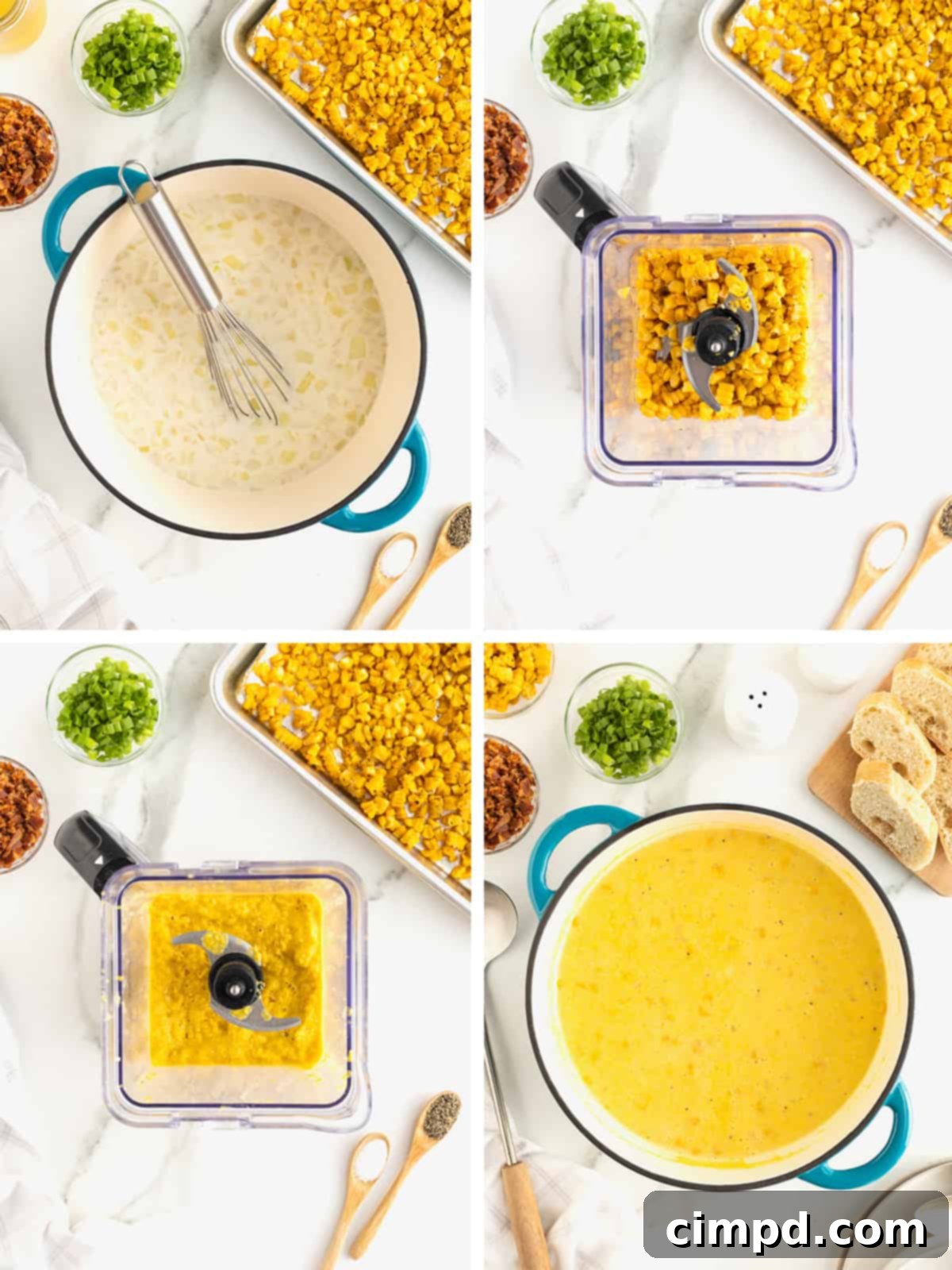 A visual step-by-step guide demonstrating how to create creamy roasted corn chowder, focusing on blending part of the corn and simmering the chowder.