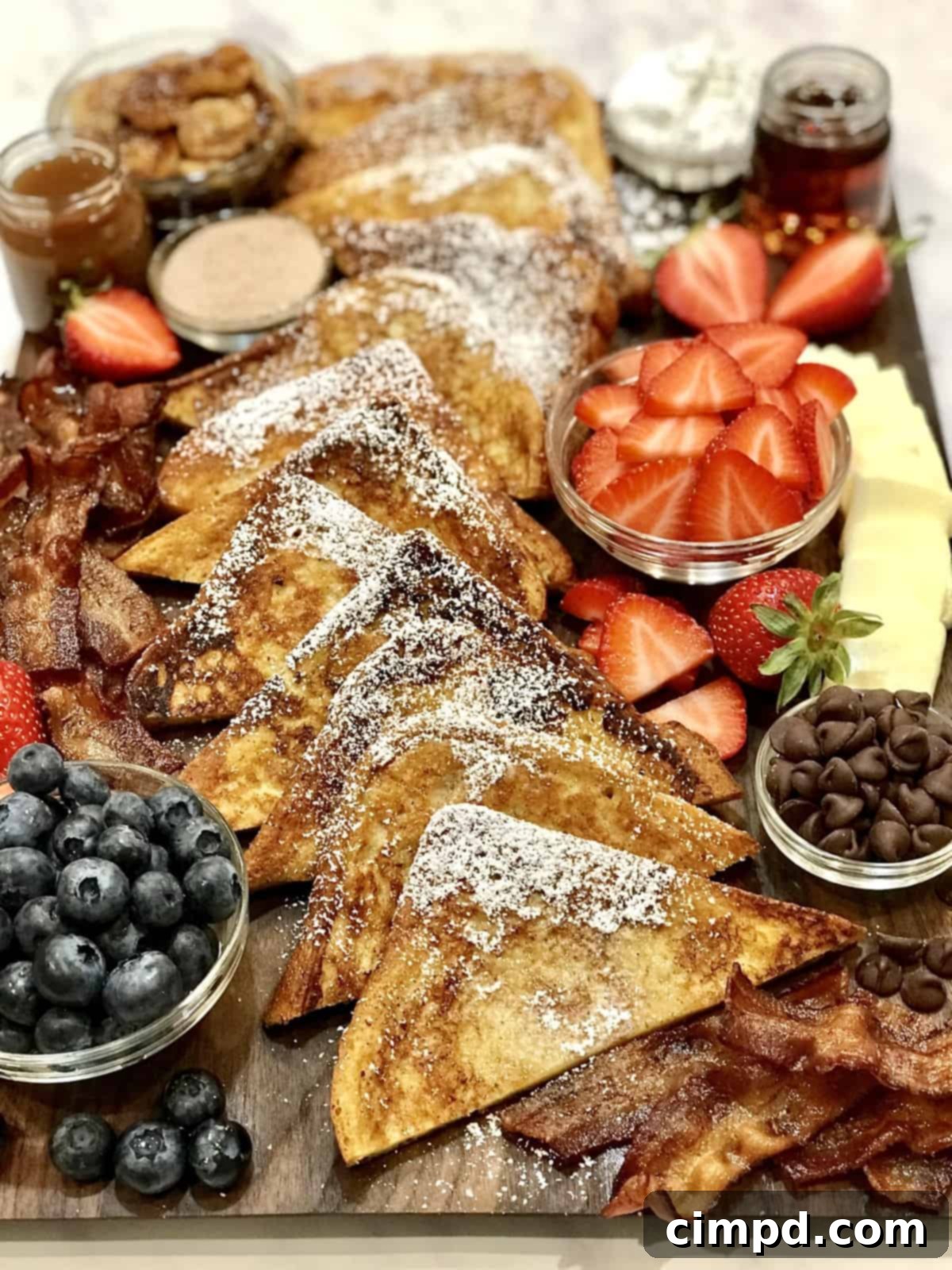The Ultimate French Toast Brunch Board 4 French toast slices turning golden brown on a griddle with melted butter