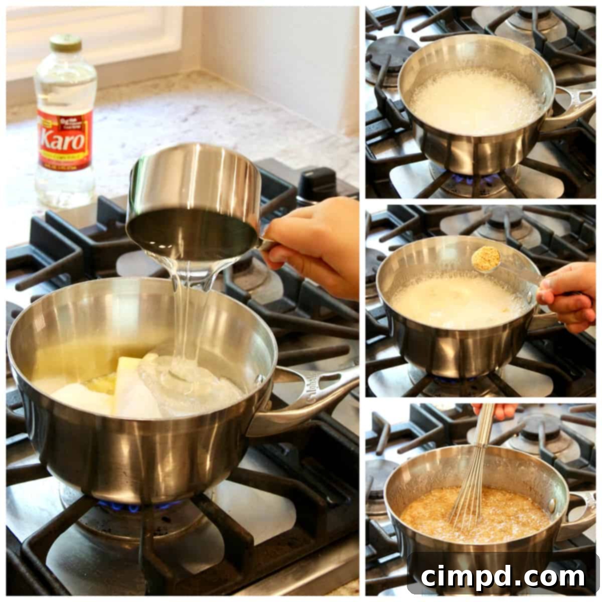 Saucepan with butter, sugar, and corn syrup boiling for the no-bake treats.