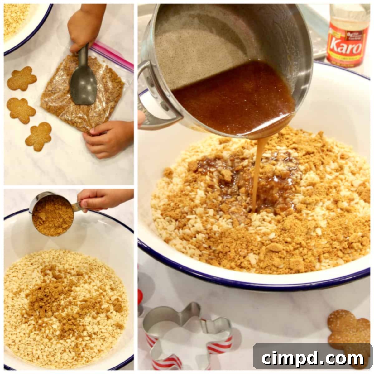 Crispy rice cereal and crushed ginger cookies in a large mixing bowl.