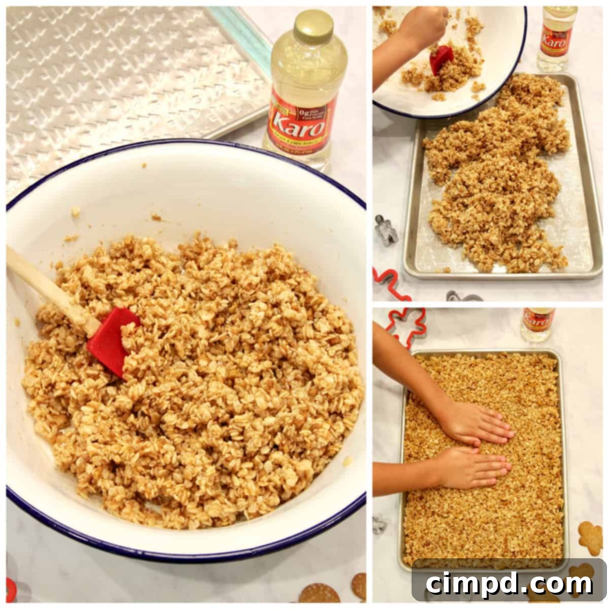 No-bake gingerbread men mixture being pressed into a sheet pan.
