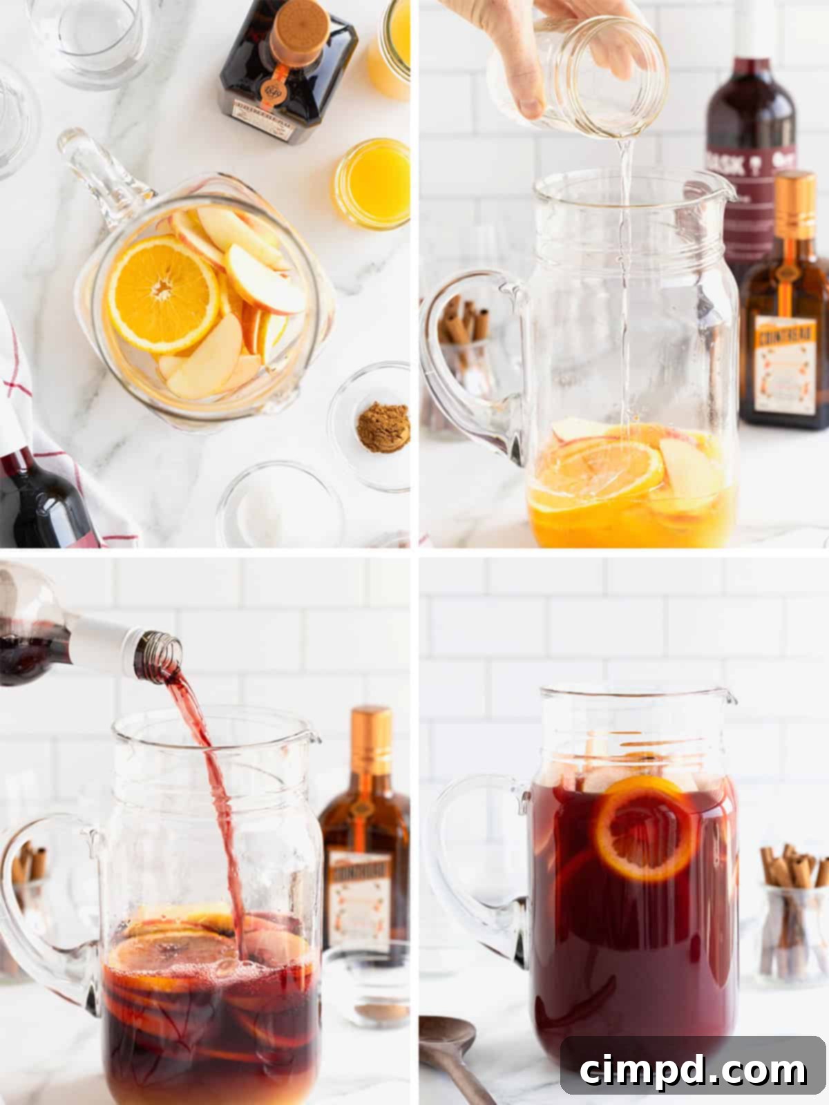 Spiced Apple Cider Sangria 7 Illustrated steps showing how to combine ingredients for Apple Cider Sangria in a pitcher.