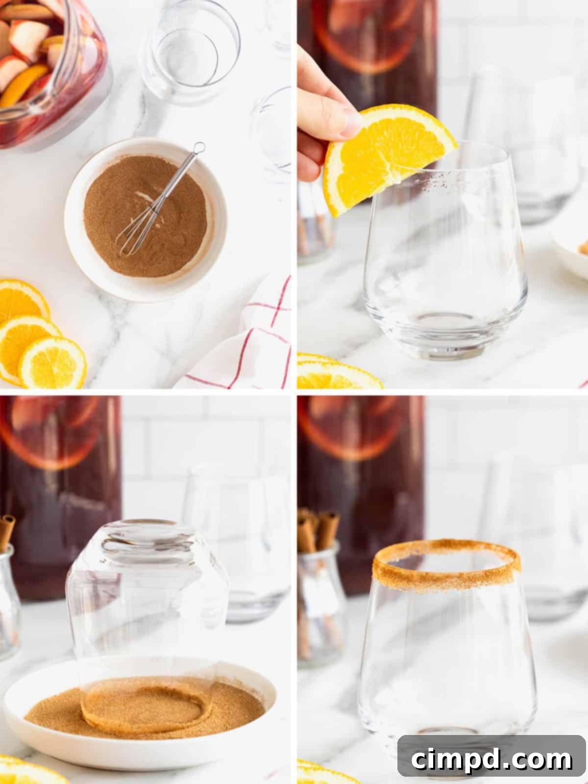 Spiced Apple Cider Sangria 8 Steps for preparing the cinnamon sugar rim for Apple Cider Sangria glasses.