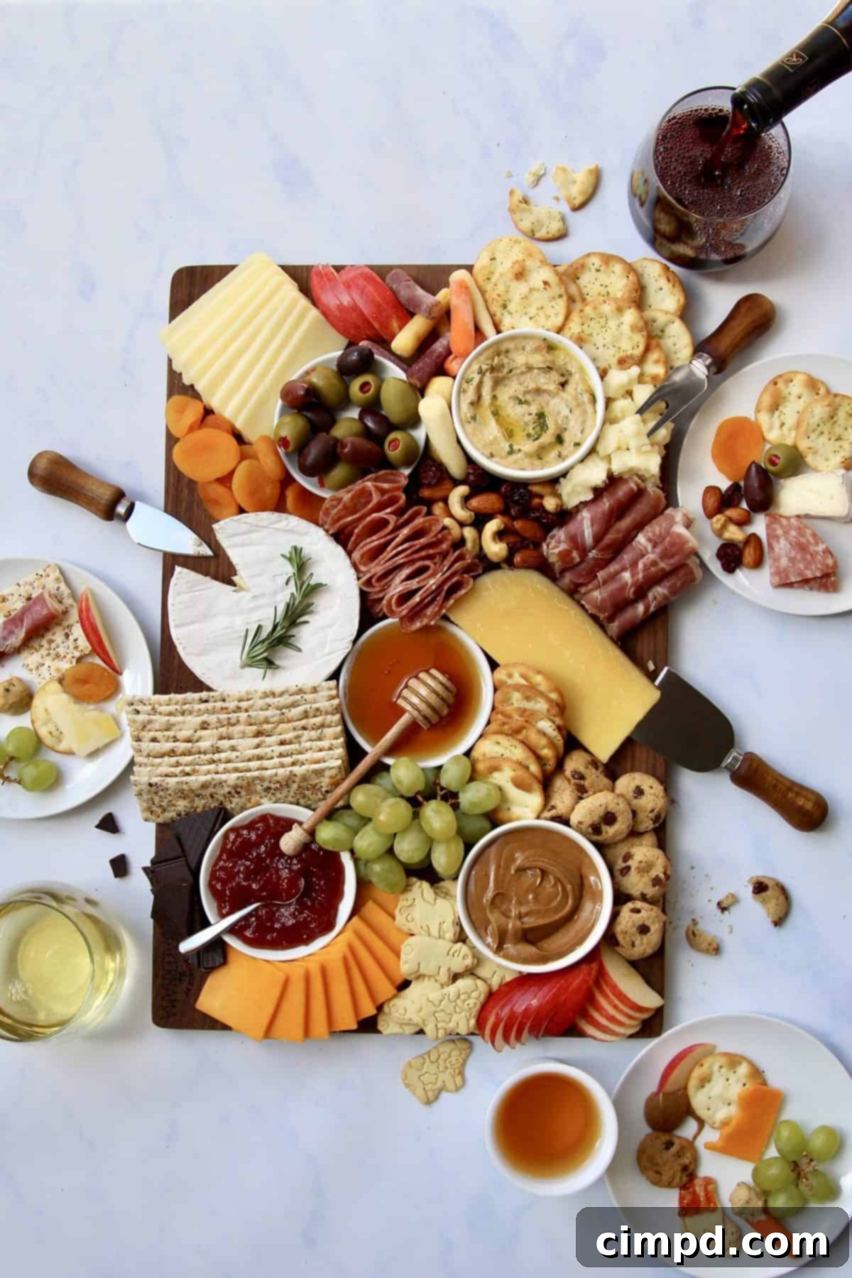 The completed Ultimate Holiday Grazing Board, meticulously arranged and ready for serving, showcasing a rich variety of flavors and textures.