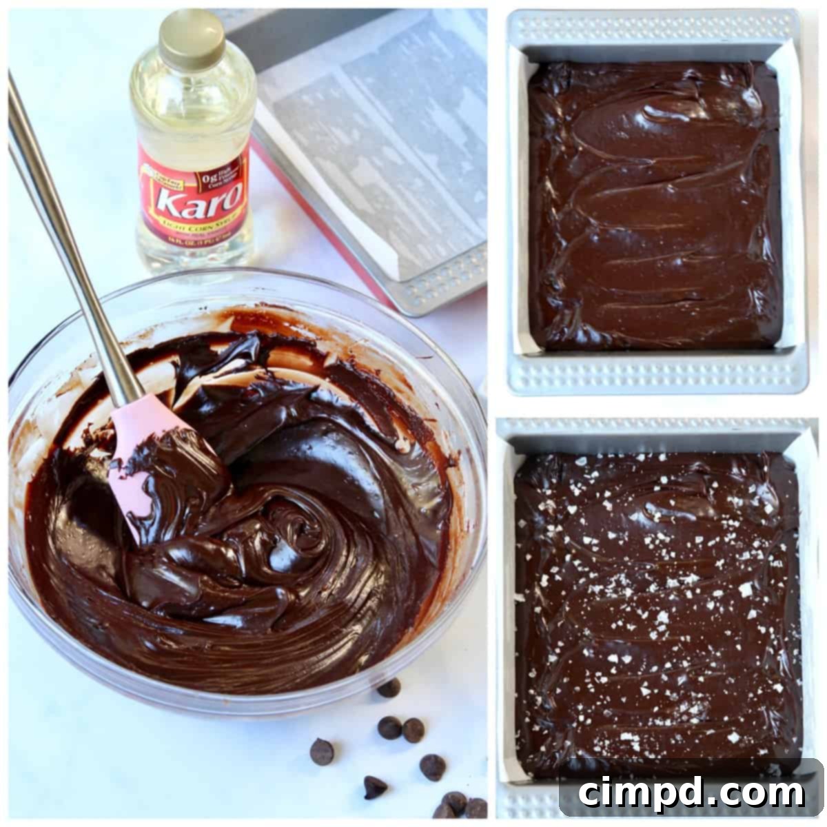 Step-by-step image showing the making of Karo Dark Chocolate Fudge with Sea Salt before chilling.