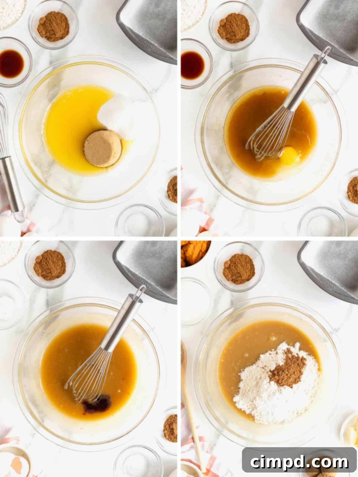A visual guide showing initial steps to make Cinnamon Swirled Pumpkin Bread: melting butter, mixing wet ingredients, and combining dry ingredients.