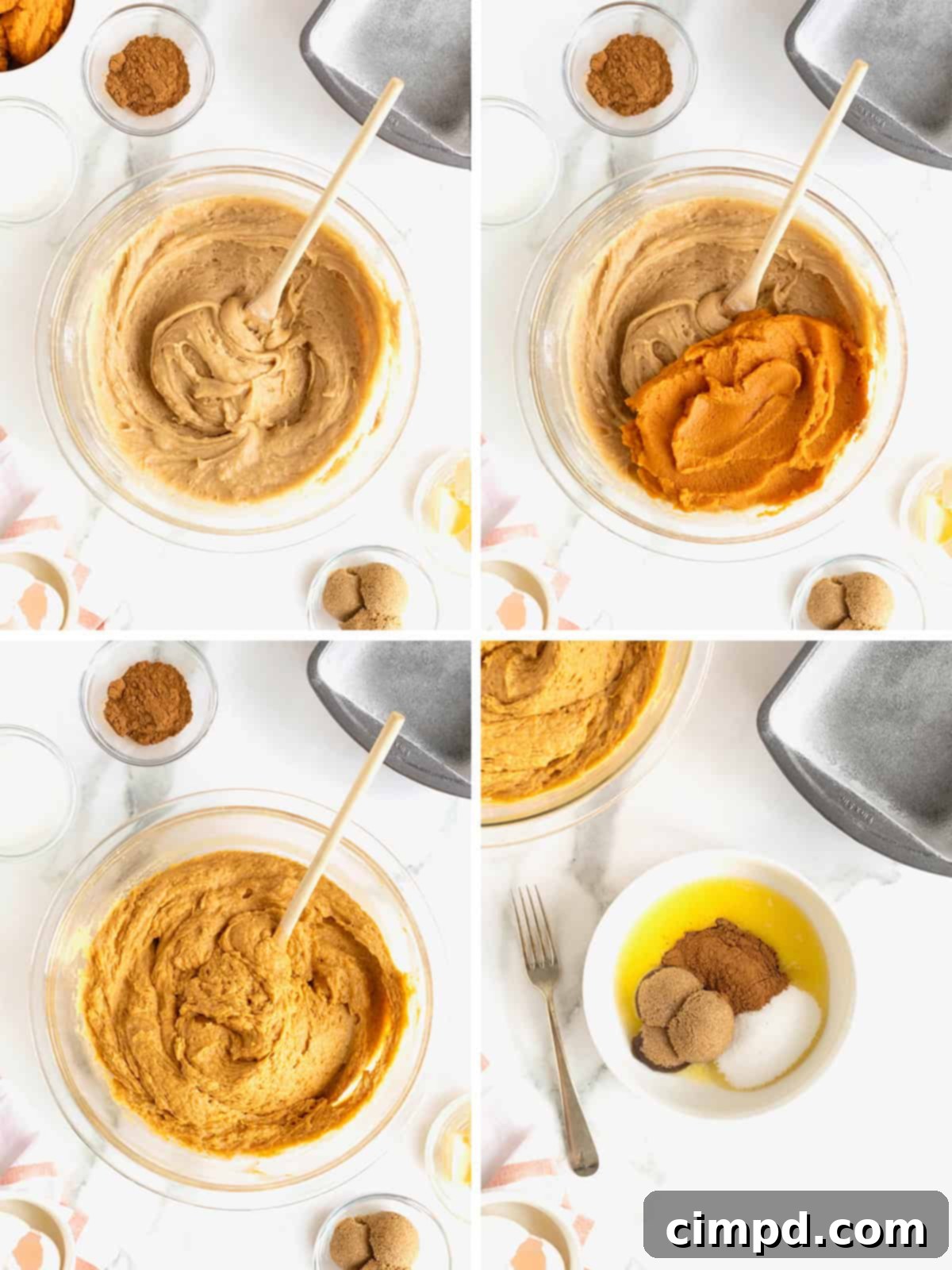Visual steps showing the creation of the cinnamon sugar swirl mixture and the initial layering of batter in a loaf pan.