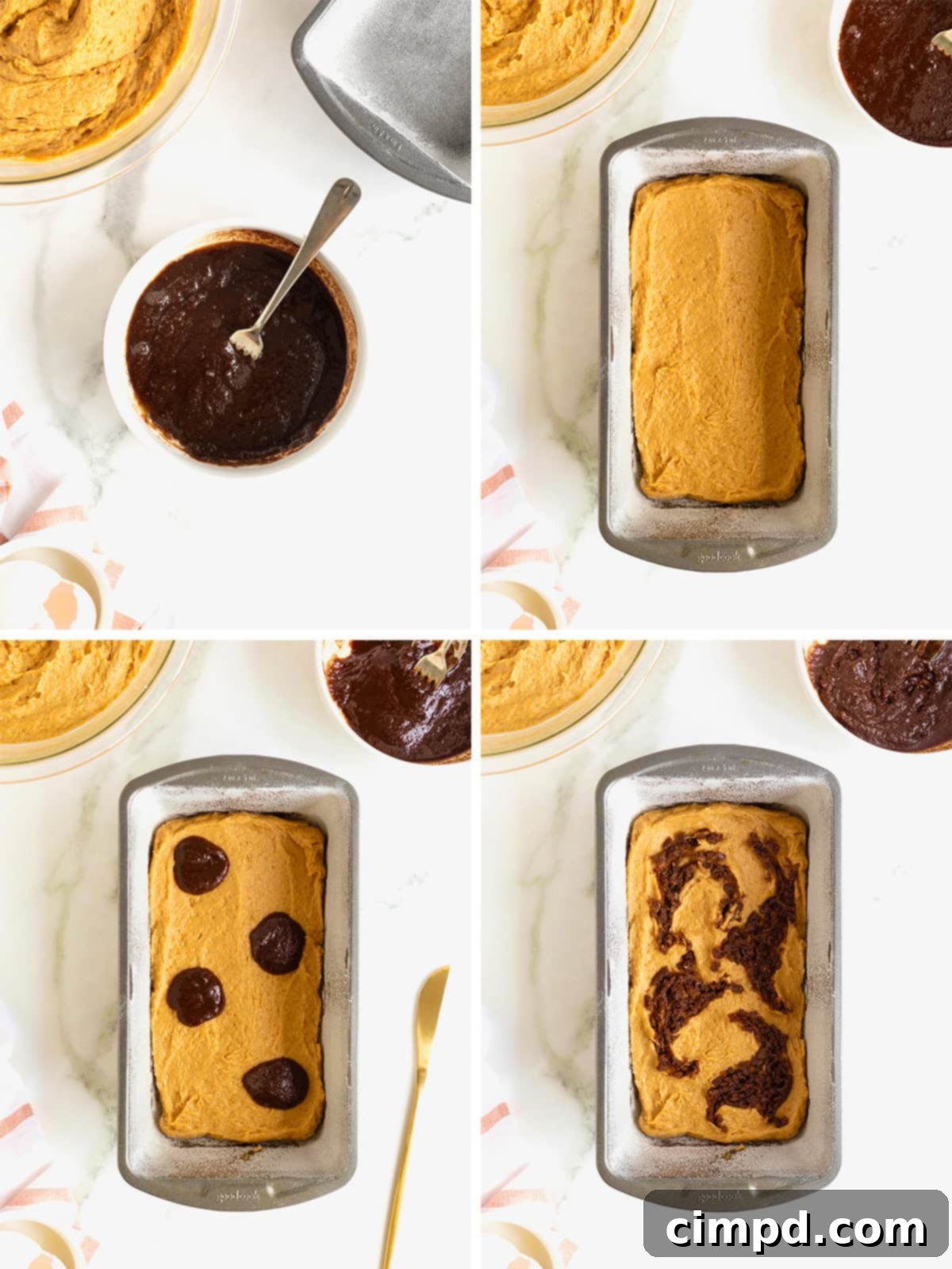 The process of layering pumpkin bread batter with cinnamon sugar swirl in a loaf pan, showing the rich, vibrant colors.