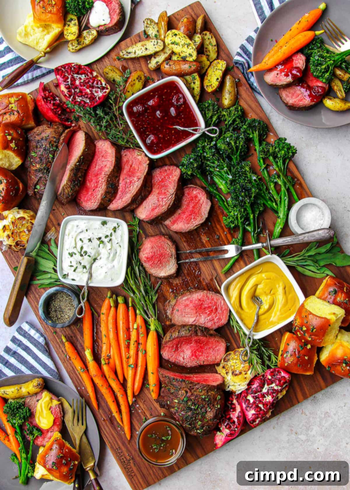 Close-up of a Beef Tenderloin Board with various sides