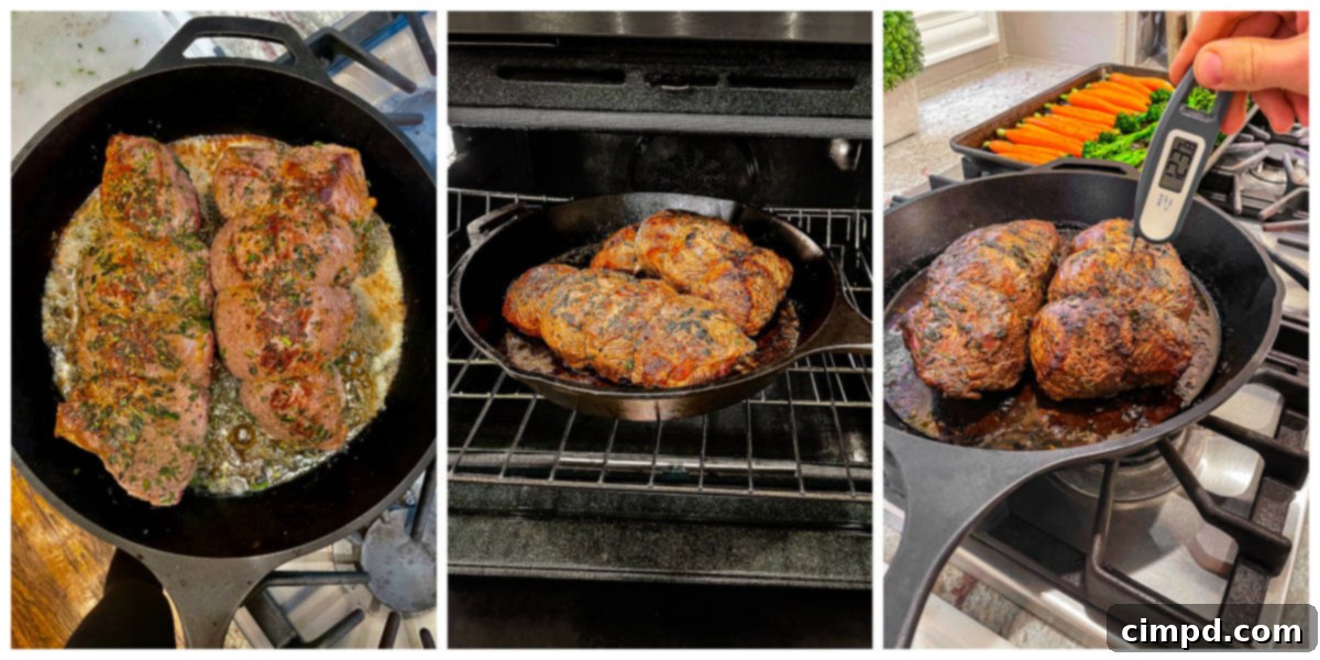 Beef tenderloin searing in a cast iron skillet with butter