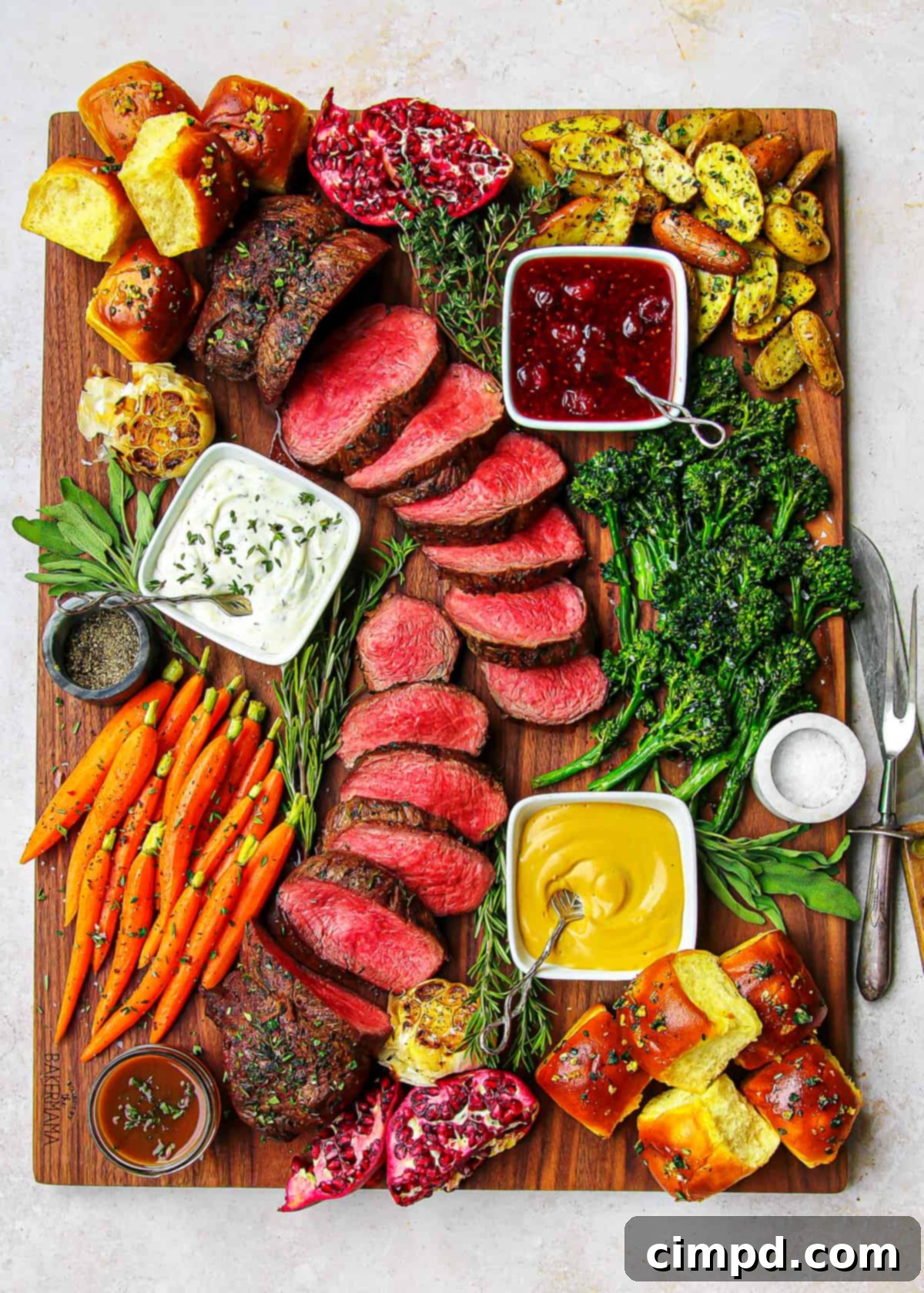 Assembling a holiday Beef Tenderloin Board with sauces, beef, and vegetables